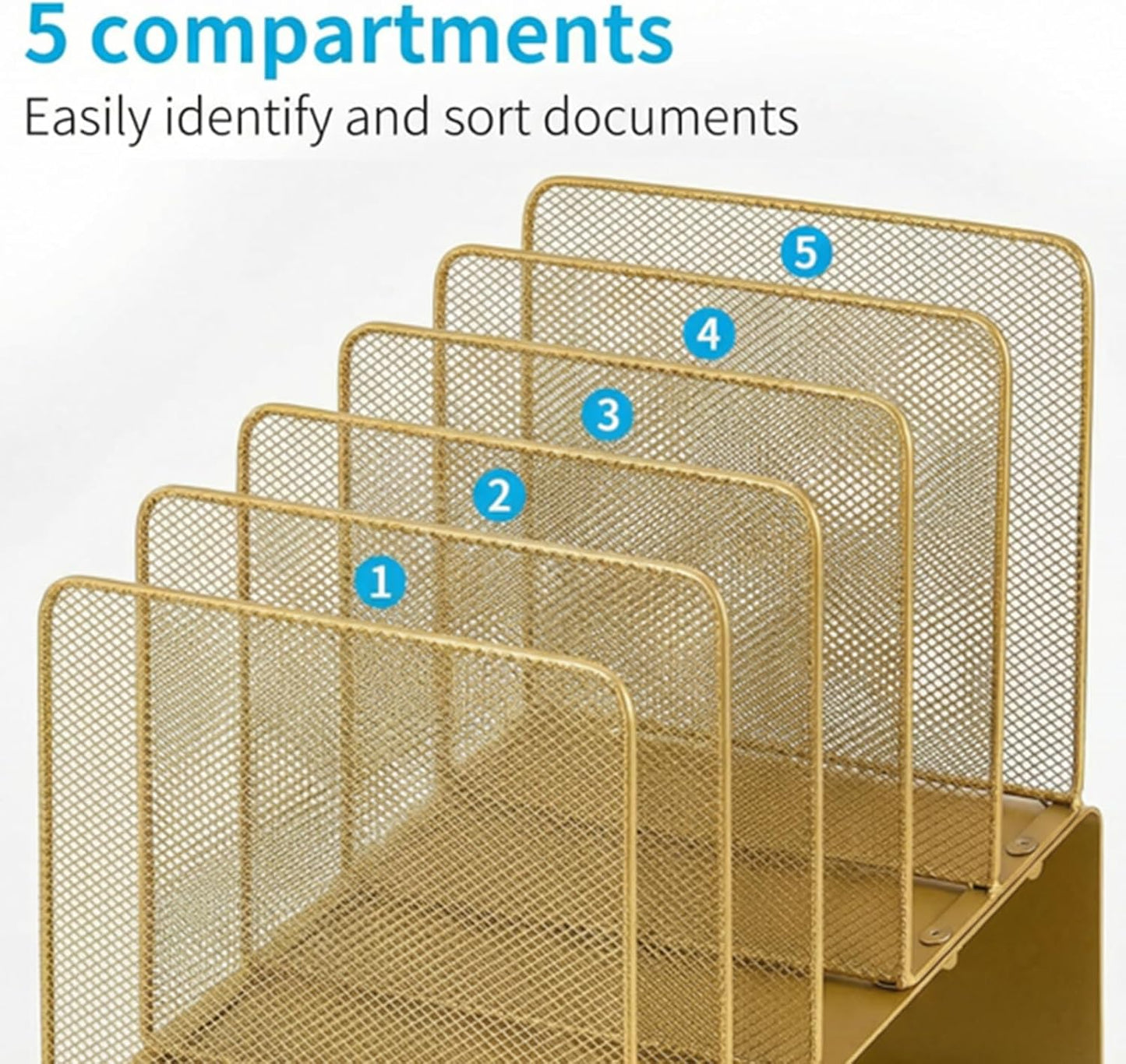 LEKETREE File Organizer for Desk, File Folder Organizer with 5-Section Vertical Rack, Suitable for Home Office Document Organization and Storage(Gold)