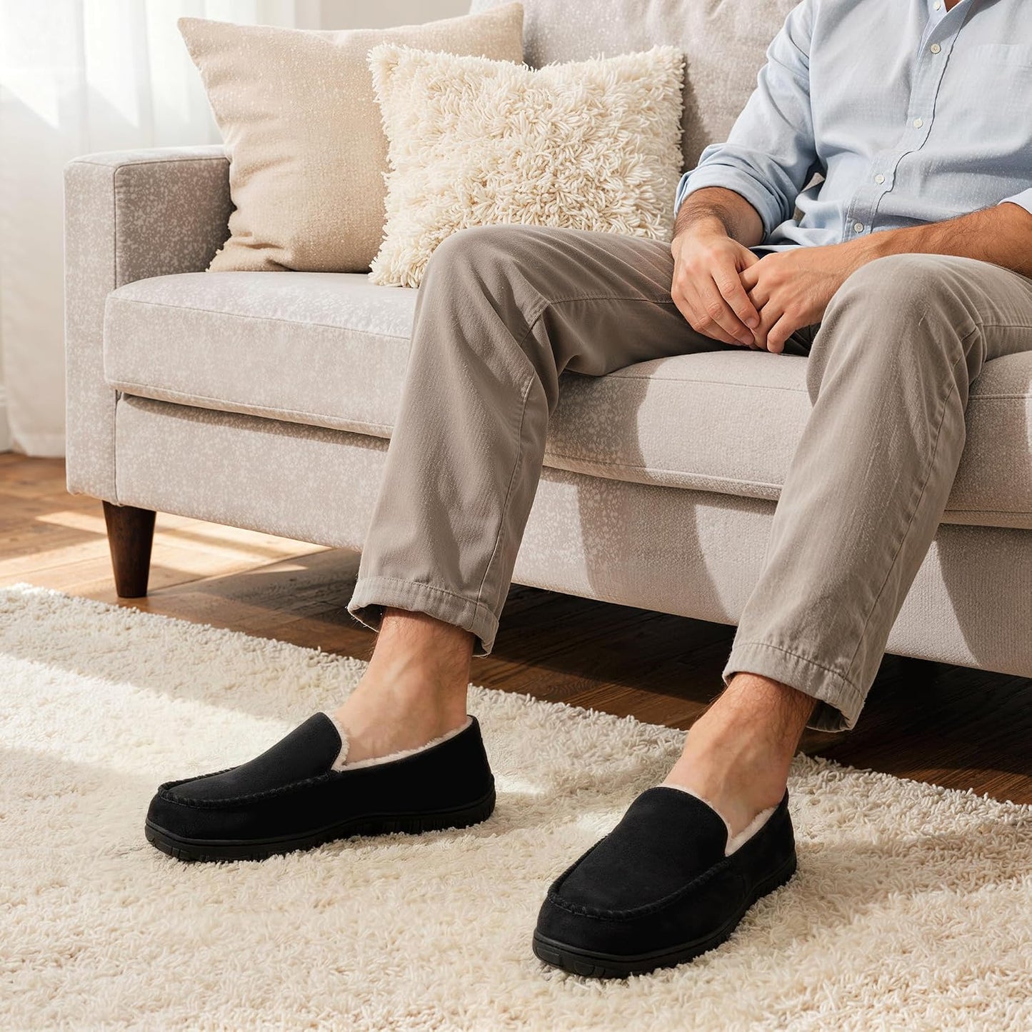 shoeslocker Men's Slippers Indoor Outdoor Warm Soft Plush Memory Foam House Slippers for Men Comfortable Bedroom Moccasin Slipper Non-Slip
