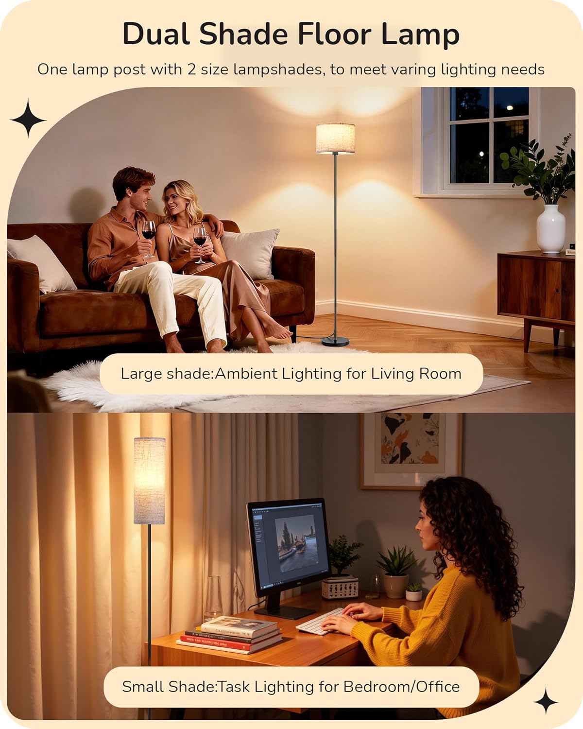EDISHINE Upgraded Floor Lamps with 2 Lampshades, 63.7" Modern Standing Lamp with Foot Switch and Remote Control, Stepless Dimmable Minimalist Lamps for Bedroom, Office, (9W LED Bulb Included), Black