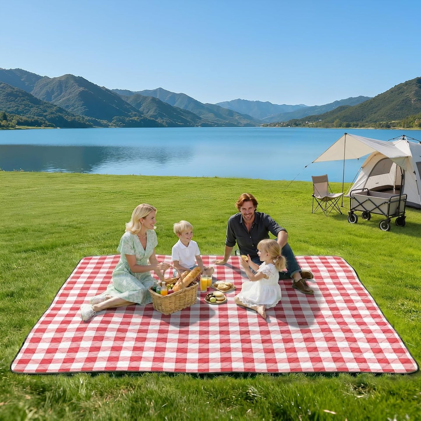 TigeJoy Extra Large Picnic Blanket Waterproof Foldable 80''x80'', Outdoor Picnic Mat Beach Blanket Sandproof for Park, Grass, Travel, Hiking, Camping Essentials, Gingham Picnic Blanket