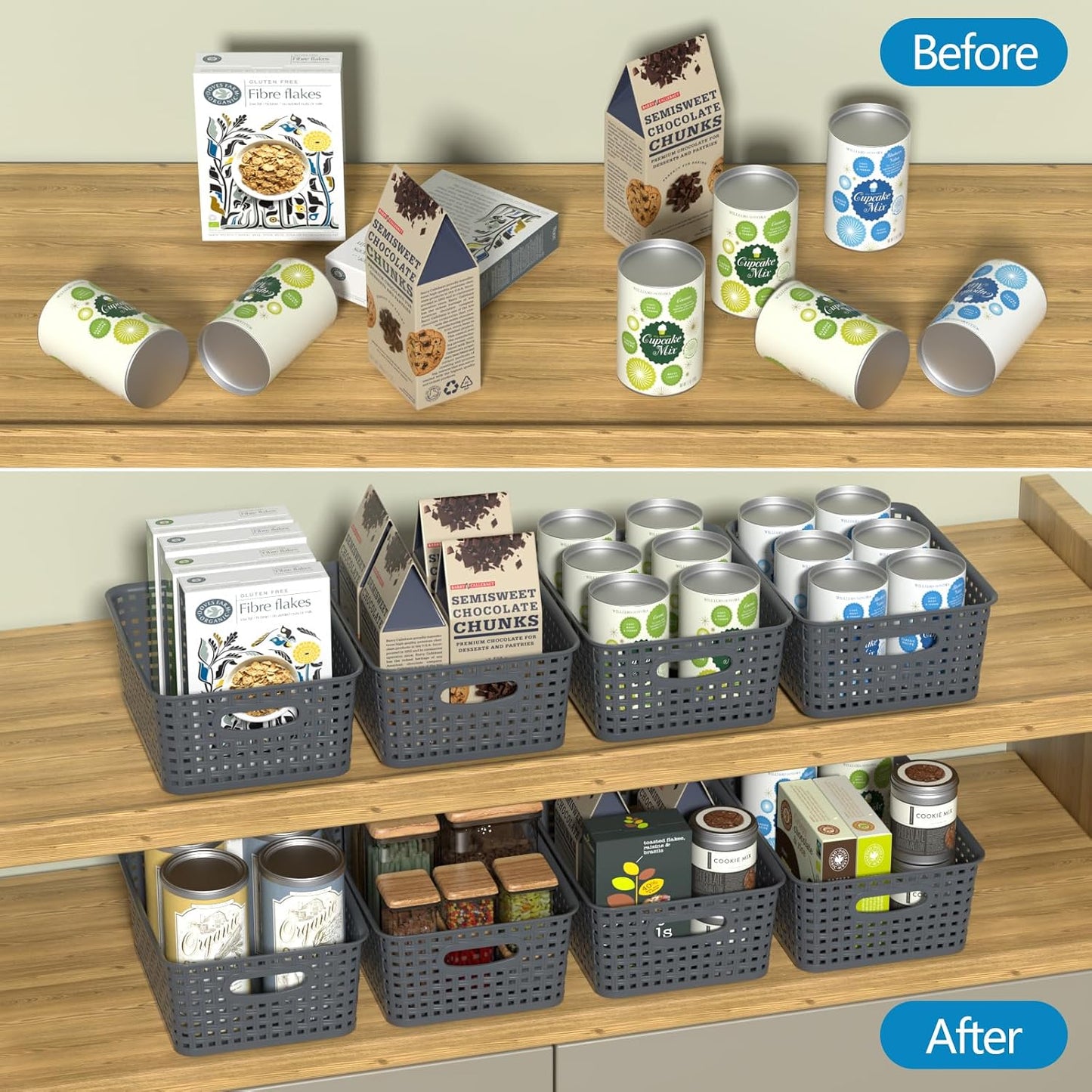 Zopnny 8 Pack Plastic Shelf Organizer Baskets, Small Storage Bins with Lid | Woven-Style Baskets with Lids, Stackable Space-Saving Design, Gray, Ideal For Pantry, Closet, Bathroom