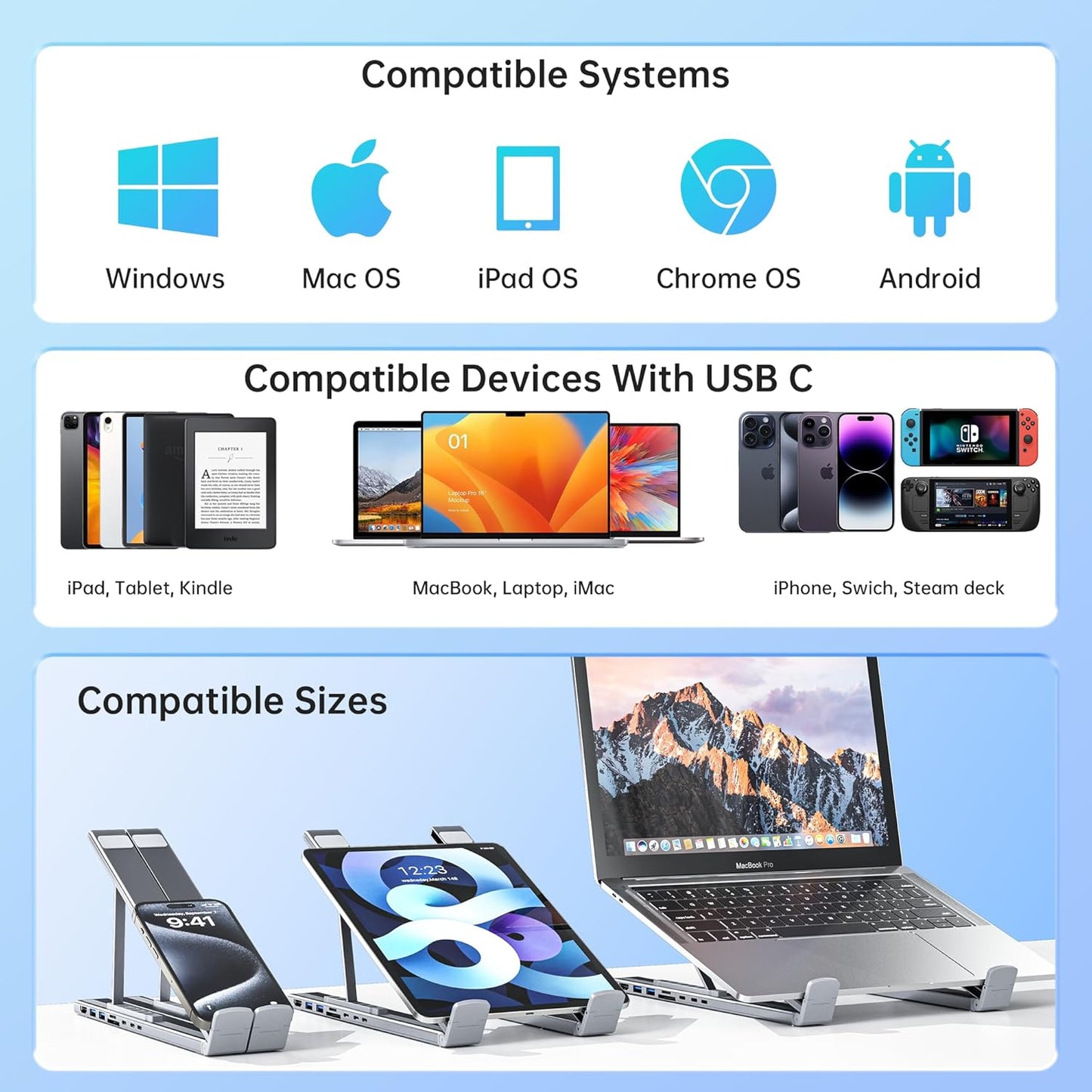 Laptop Stand with Docking Station, 8 in 1 USB C Hub HDMI Portable Laptop Stand for Desk with USB Ports, Multiport USBC Dock Stands Foldable Adjustable Computer Riser Holder Dongle for MacBook