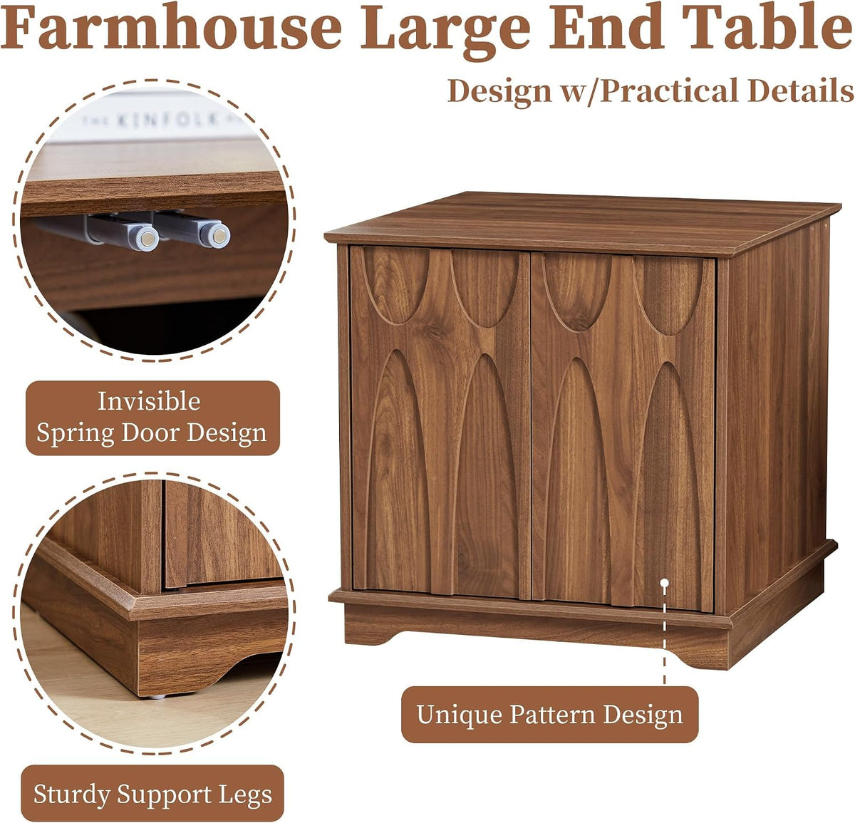 Bifins 24inch Large Square End Table with Storage, Walnut
