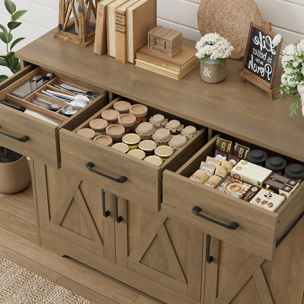 HOSTACK Kitchen Buffet Cabinet with Storage, Sideboard Coffee Bar, Brown | Farmhouse Kitchen Storage Cabinet with 3 Drawers & Adjustable Shelf, 42.5"W Buffet Table for Dining Living Room