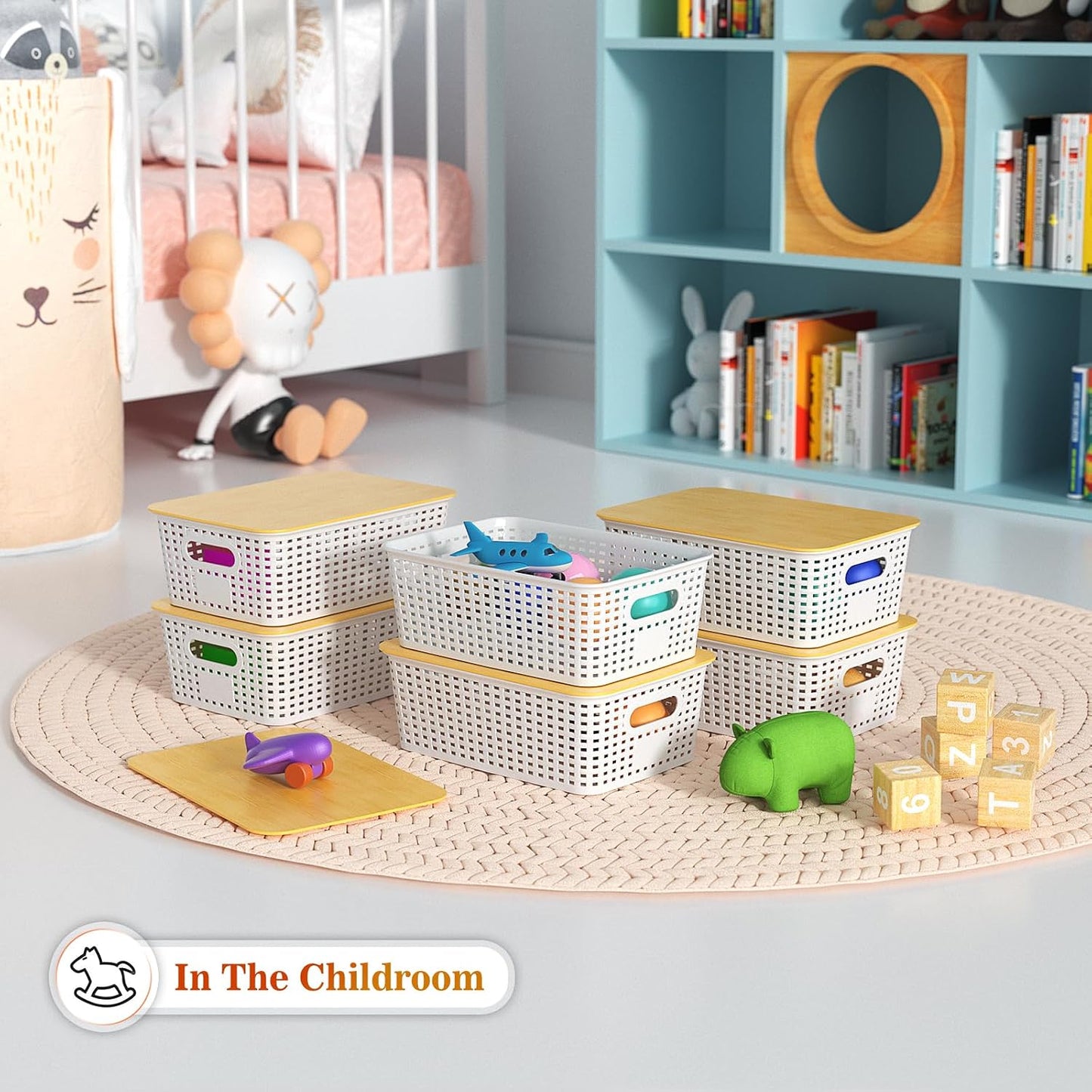 Ohmlove 6 Pack Plastic Storage Baskets with Bamboo Lids for Organization | Stackable Storage bins, Storages Baskets for Organizing Shelves Drawers Desktop Closet Playroom Classroom Office, Cream White