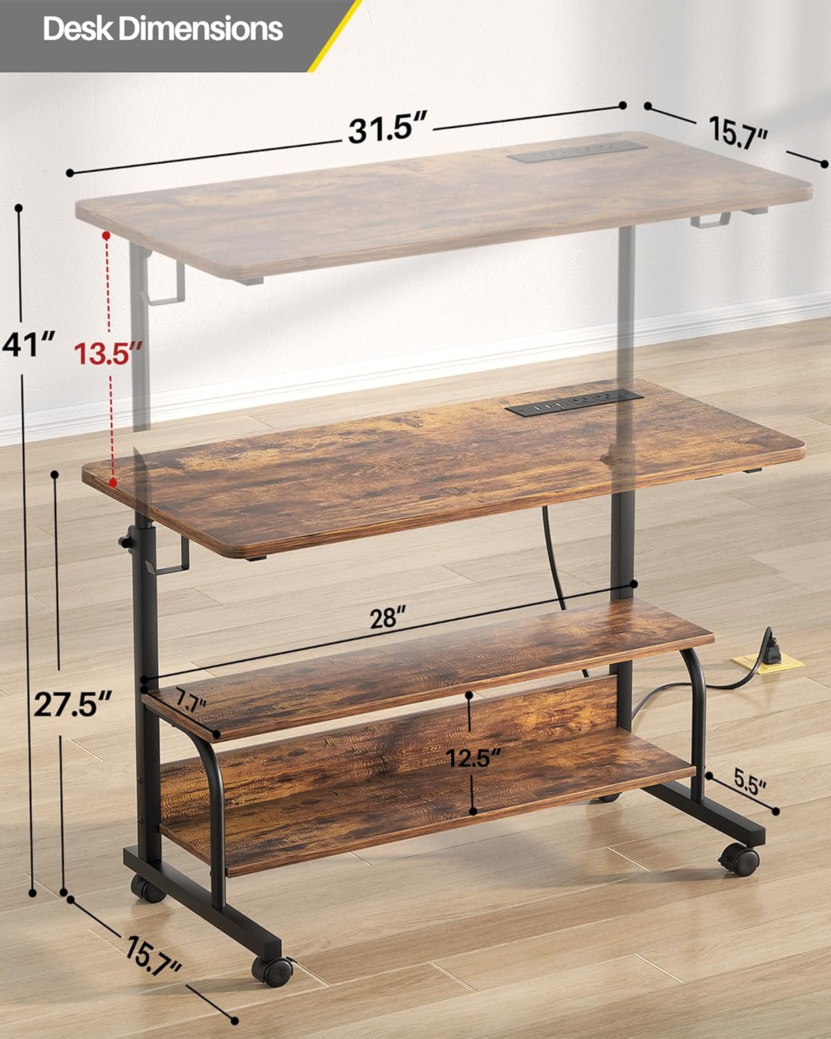 Armocity Rolling Standing Desk with Charging Station, Portable Height Adjustable Mobile Computer Desk with Wheels & 2-Tier Shelves & Hooks, Easy Assembly Laptop Table for Couch Bed, 32" Rustic Brown
