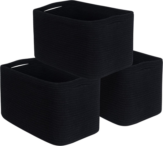 MINTWOOD Design 3-Pack Storage Baskets for Shelves, Playroom and Classroom, Book Basket, Decorative Storage Cube Bins, Woven Closet Organizers, Pantry and Shoe Organizer, Full Black