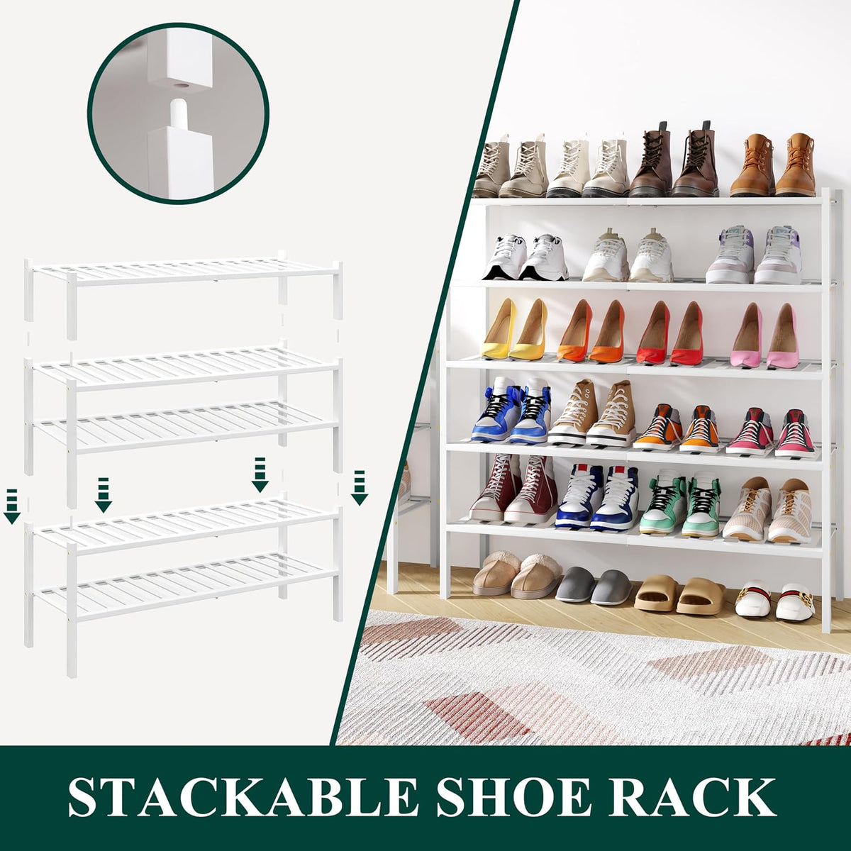 Smiry Bamboo Shoe Rack, 16 Vertical Slats, 3 Tier - 33.7" Wide, White