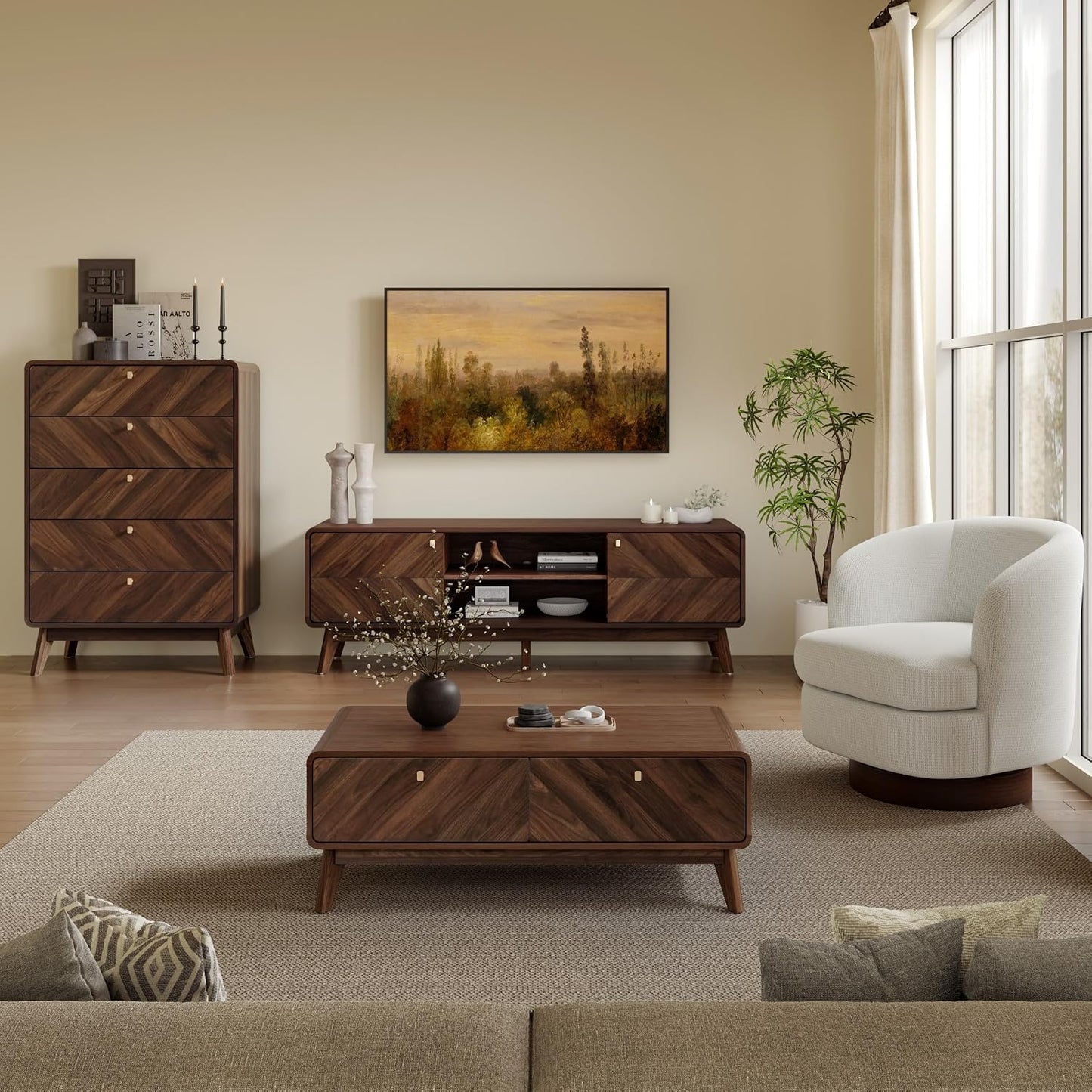 LuxenHome 47" Live Edge Mid Century Modern Walnut Coffee Table with Storage | Wooden Center Table with Storage, Geometric Wood Grain Fronts, Spacious Concealed Storage, and Tapered Legs