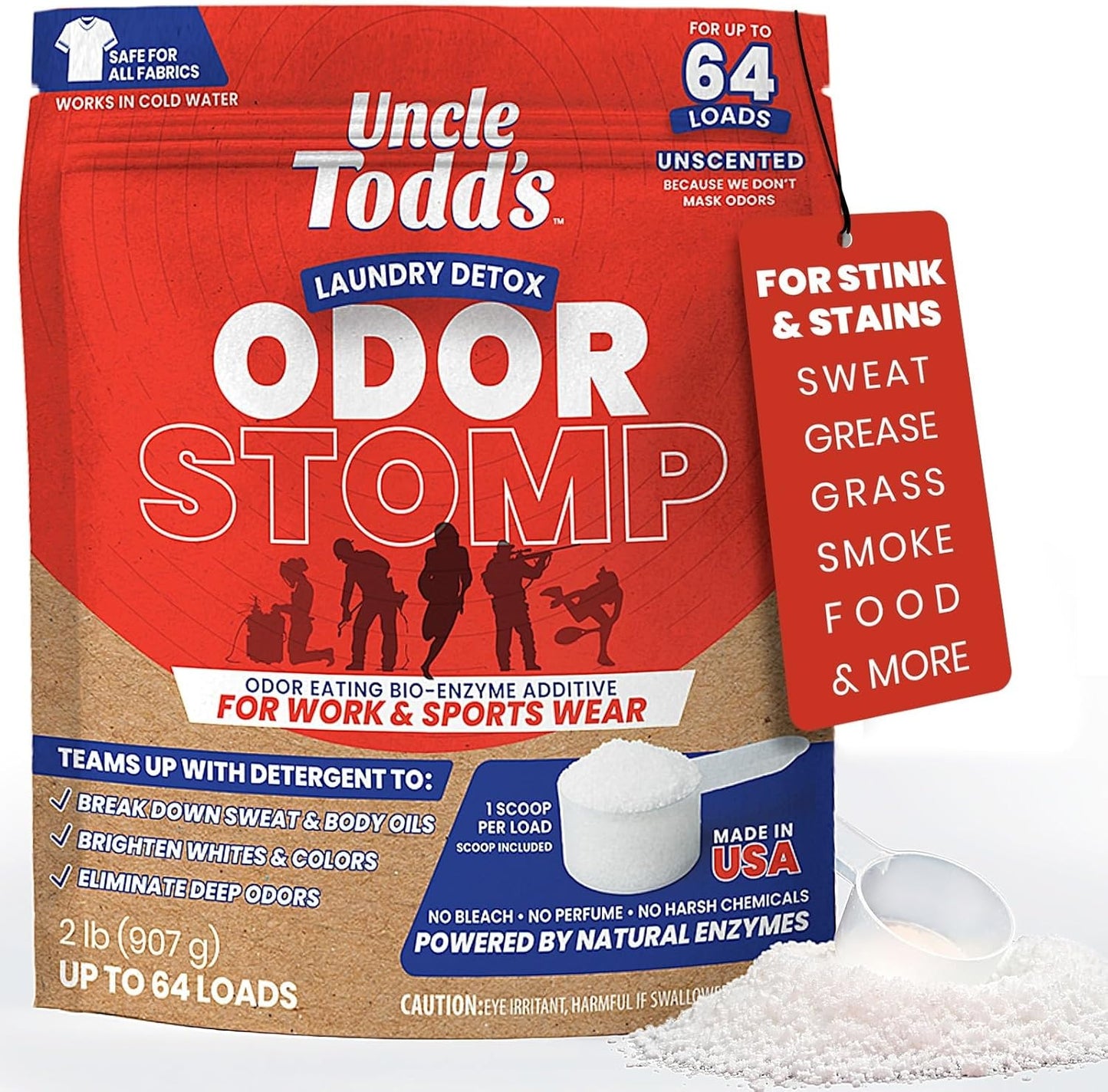 Uncle Todd’s Bio Enzyme Laundry Booster - 2 lb (64 Loads) Odor Stomp Laundry Sanitizer Additive - Clothes Stain Remover - Removes Sweat, Body Odor & Tough Stains - Fragrance Free, Works in Cold Water