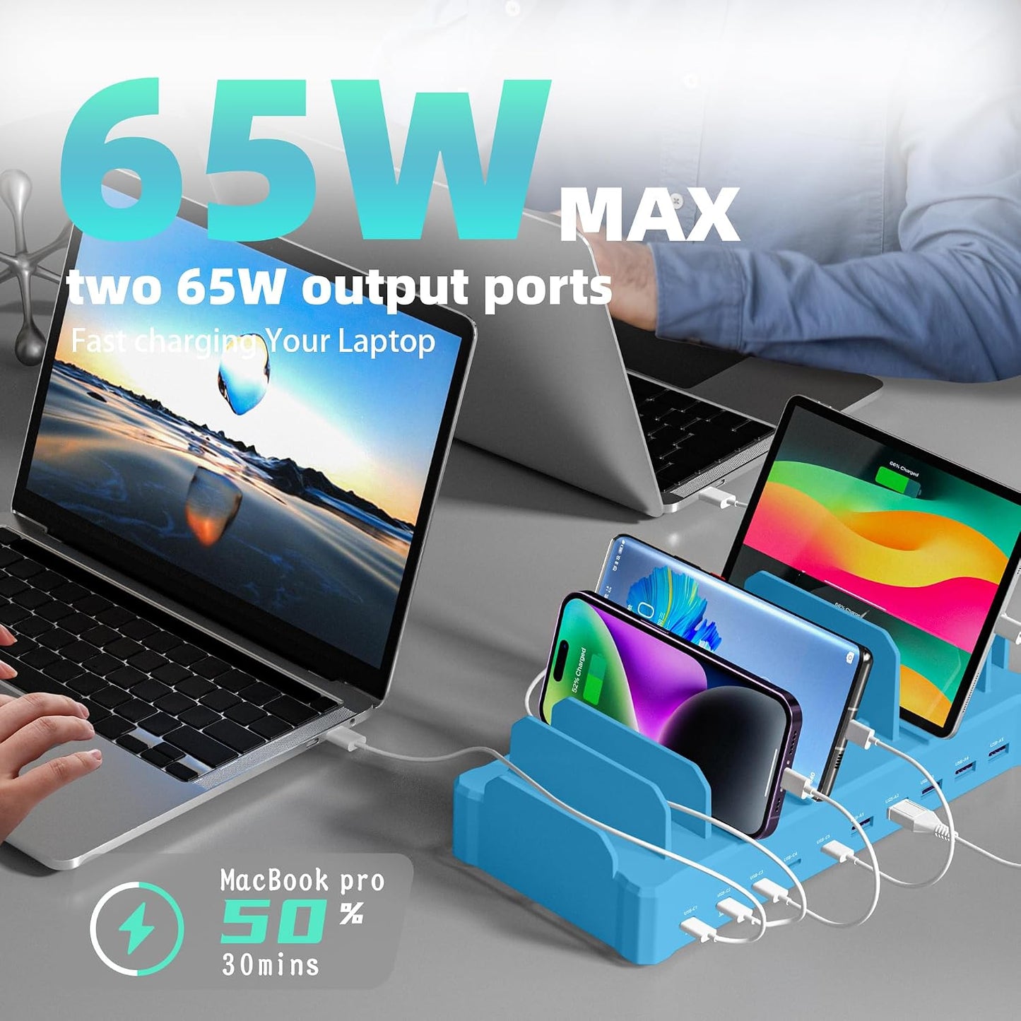 320W Charging Station for Multiple Devices, Zobirez 10-Port USB C Fast Charger Stations for MacBook, iPhone, Android Cell Phone, iPad, Tablet, Family Multi-Device Organizer Charging Dock, Blue