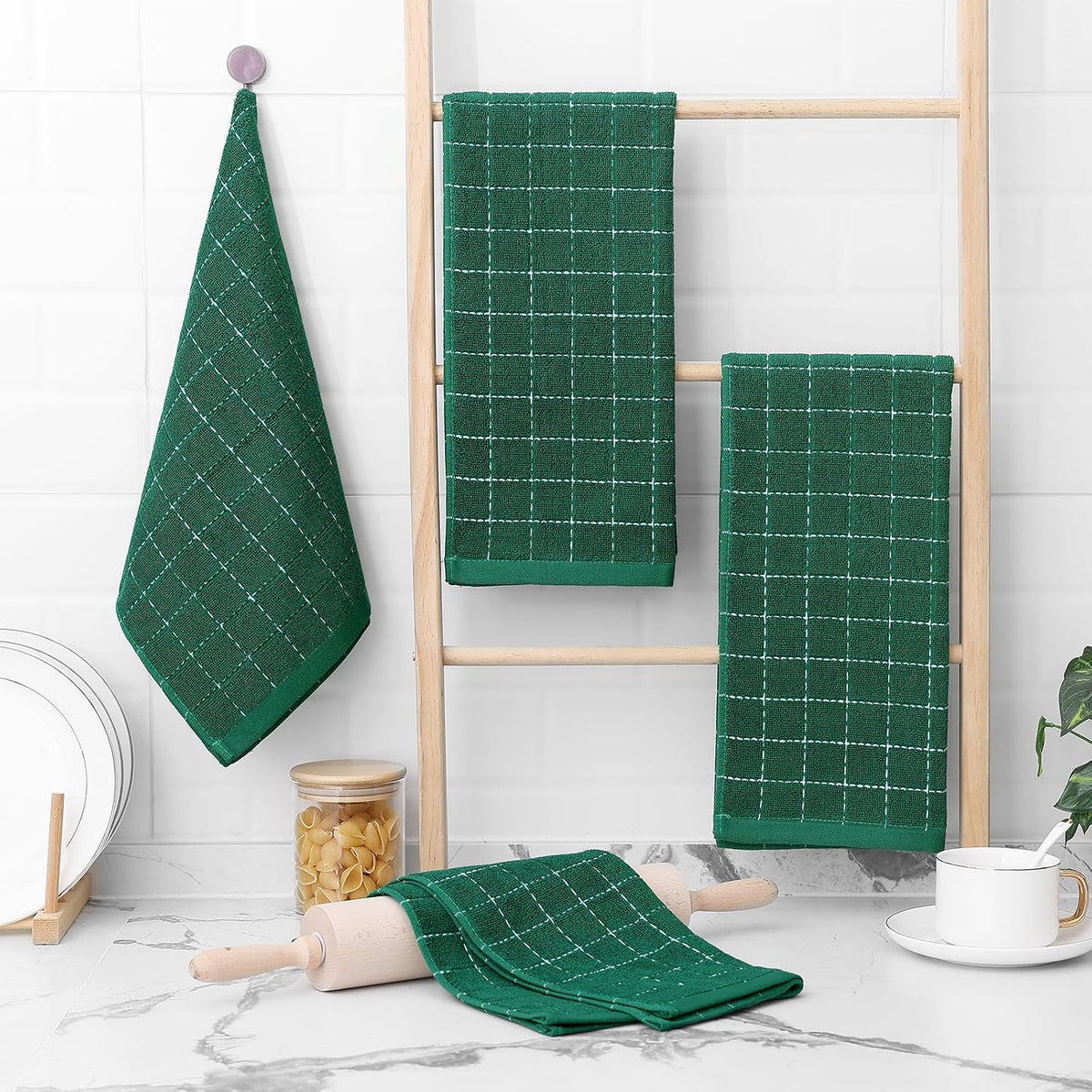 Homaxy 100% Cotton Terry Kitchen Towels, 4 Pack, Dark Green
