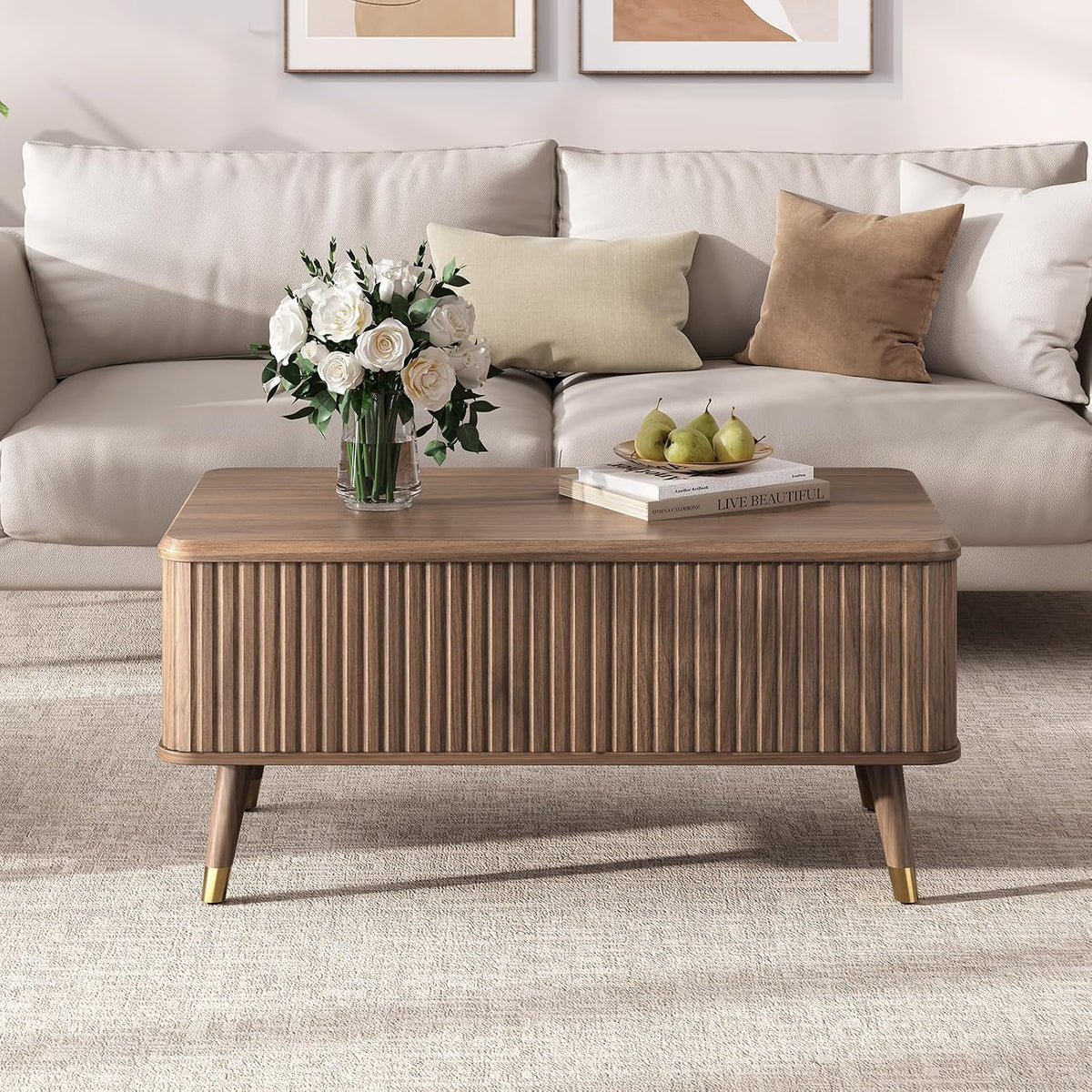 JOINICE Walnut Lift Top Coffee Table with Storage for Living Room,38"