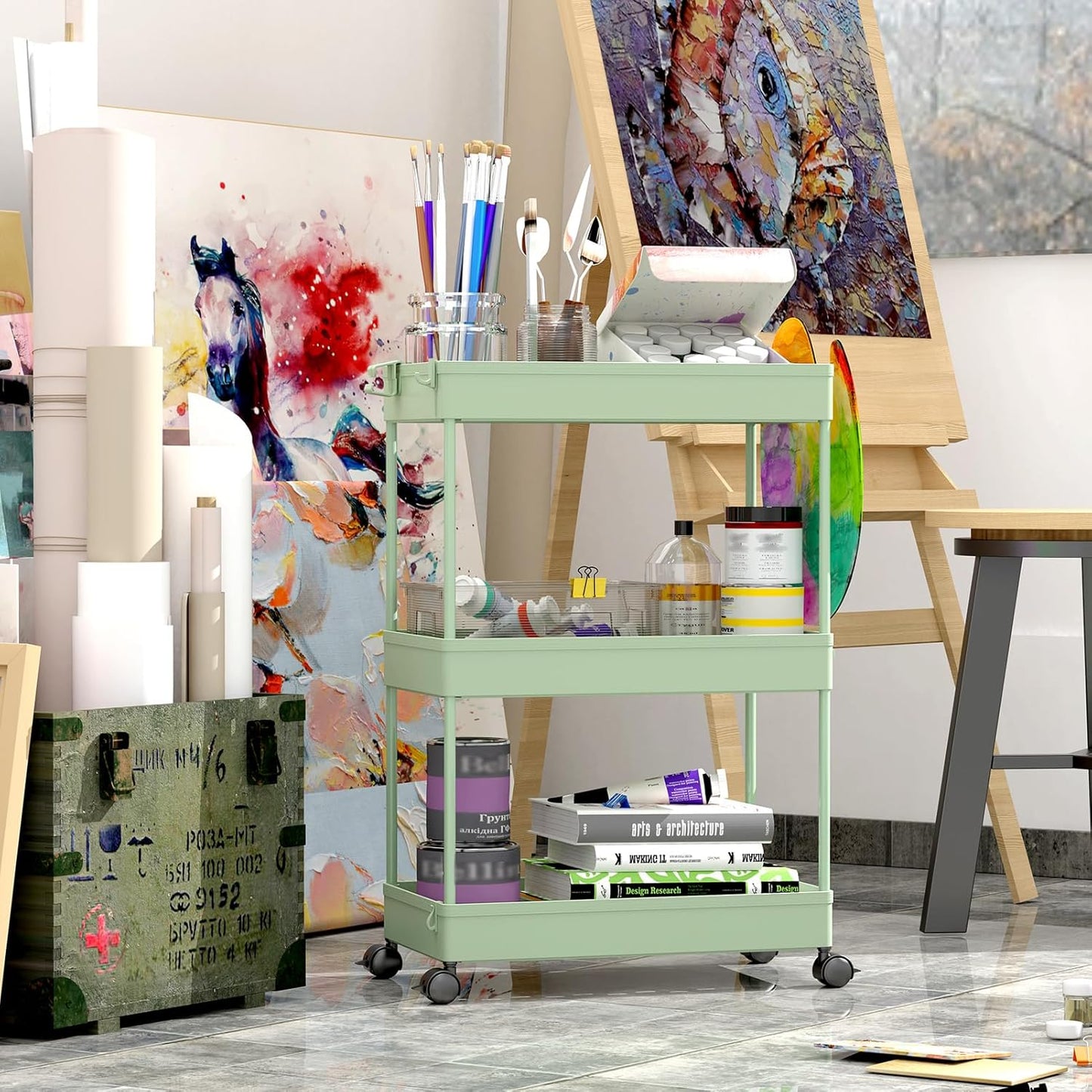 SPACEKEEPER Green 3-Tier Rolling Storage Cart, Bathroom & Kitchen Organizer, Modern Plastic Frame, Adjustable Shelves