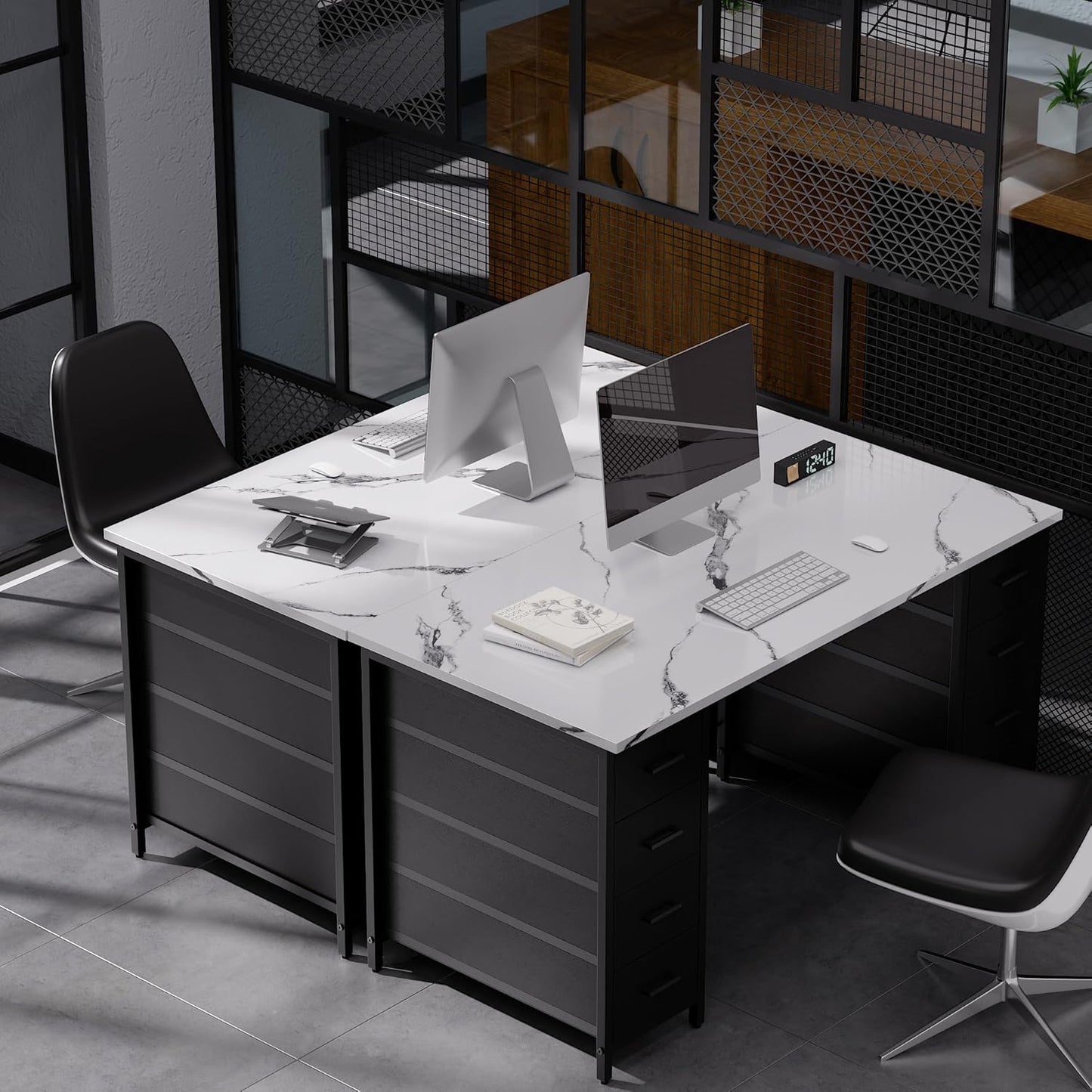 Pamray 47 Inch Computer Desk with 8 Fabric Drawers PC Gaming Desk Home Office Study Work Writing Table for Bedroom Marble