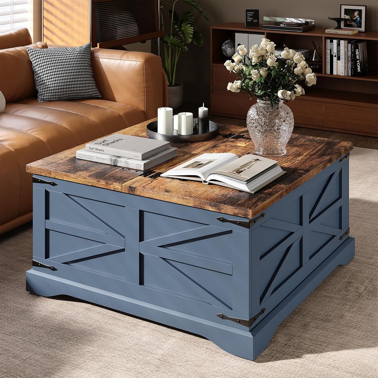 MXV Farmhouse Coffee Table with Storage, Square Coffee Tables for Living Room, Rustic Wood Center Table with Hinged Lifting Tabletop for Home, Blue