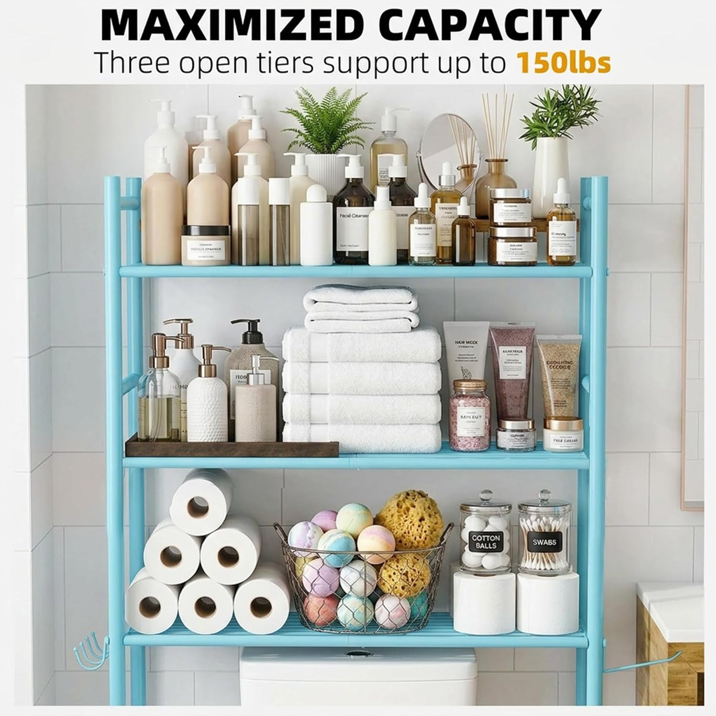 GloTika 3-Tier Over Toilet Storage with Anti-Tilt Safety System - 150lb Total Capacity Metal Bathroom Shelves Including Paper Holder & 4 Hooks, Space Saving Above Commode Organizer (64" H, Blue)