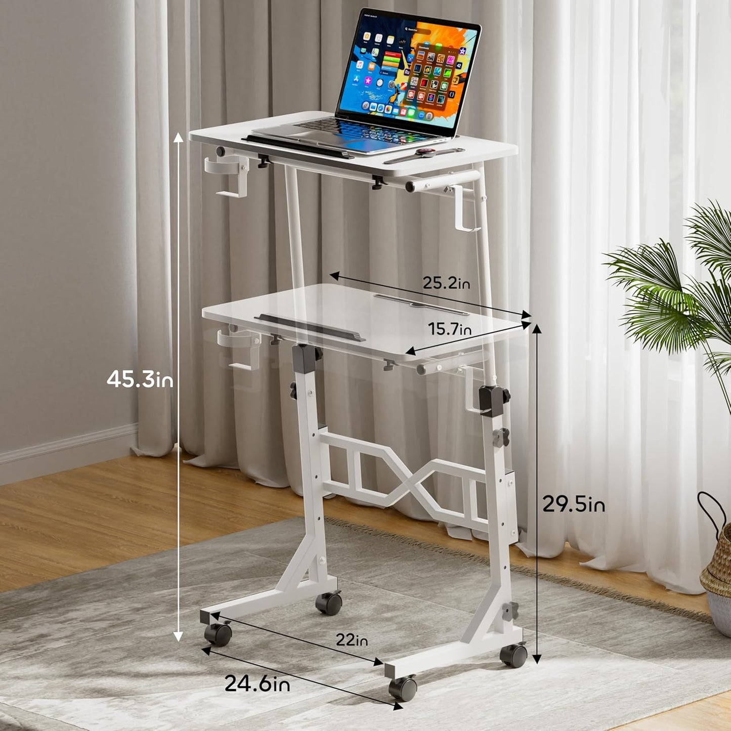 Oransail Small Standing Desk with Wheels, 29.5-45.3 Inch Adjustable Height, Portable Treadmill Desk, Rolling Computer Table for Walking Pad with a Cup Holder and a Hook