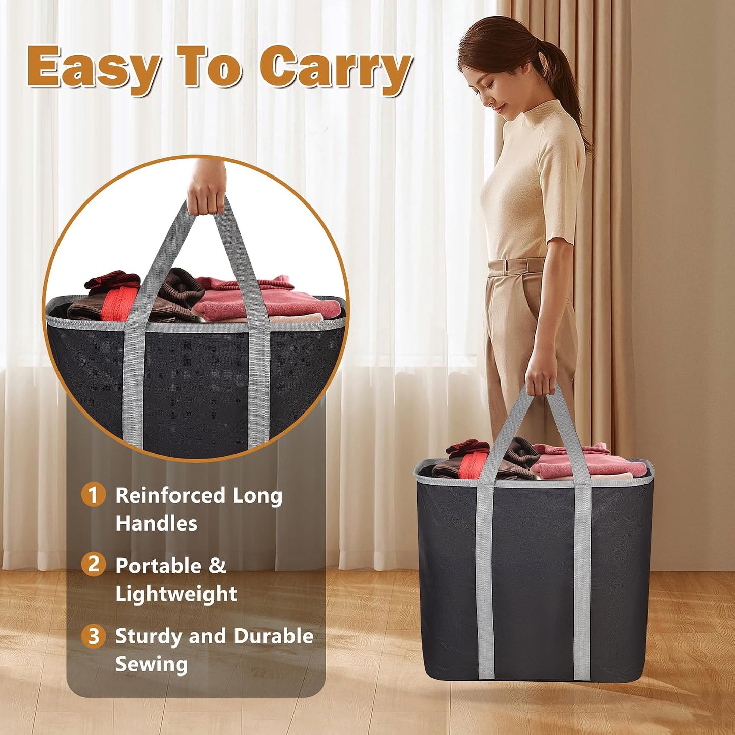 JOMOLA Collapsible Laundry Basket, Large Folding Clothes Hamper Bag, Fabric Laundry Tote Carry All Bin XL Pop Up Baskets with Handles, Waterproof Clothes Storage Basket for Bathroom, Family Black