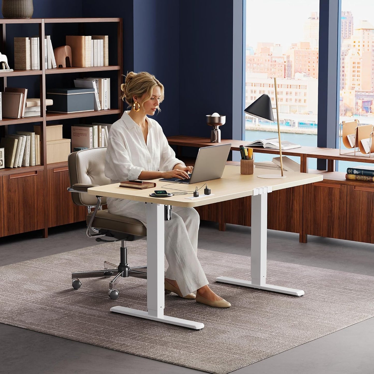 Huuger Electric Standing Desk with Power Outlets and USB-C Port, 47 X 24 Inch Height Adjustable Desk, Sit Stand Desk for Home Office, Computer & Gaming Desk with 4 Presets, Stable Steel Frame, Marple