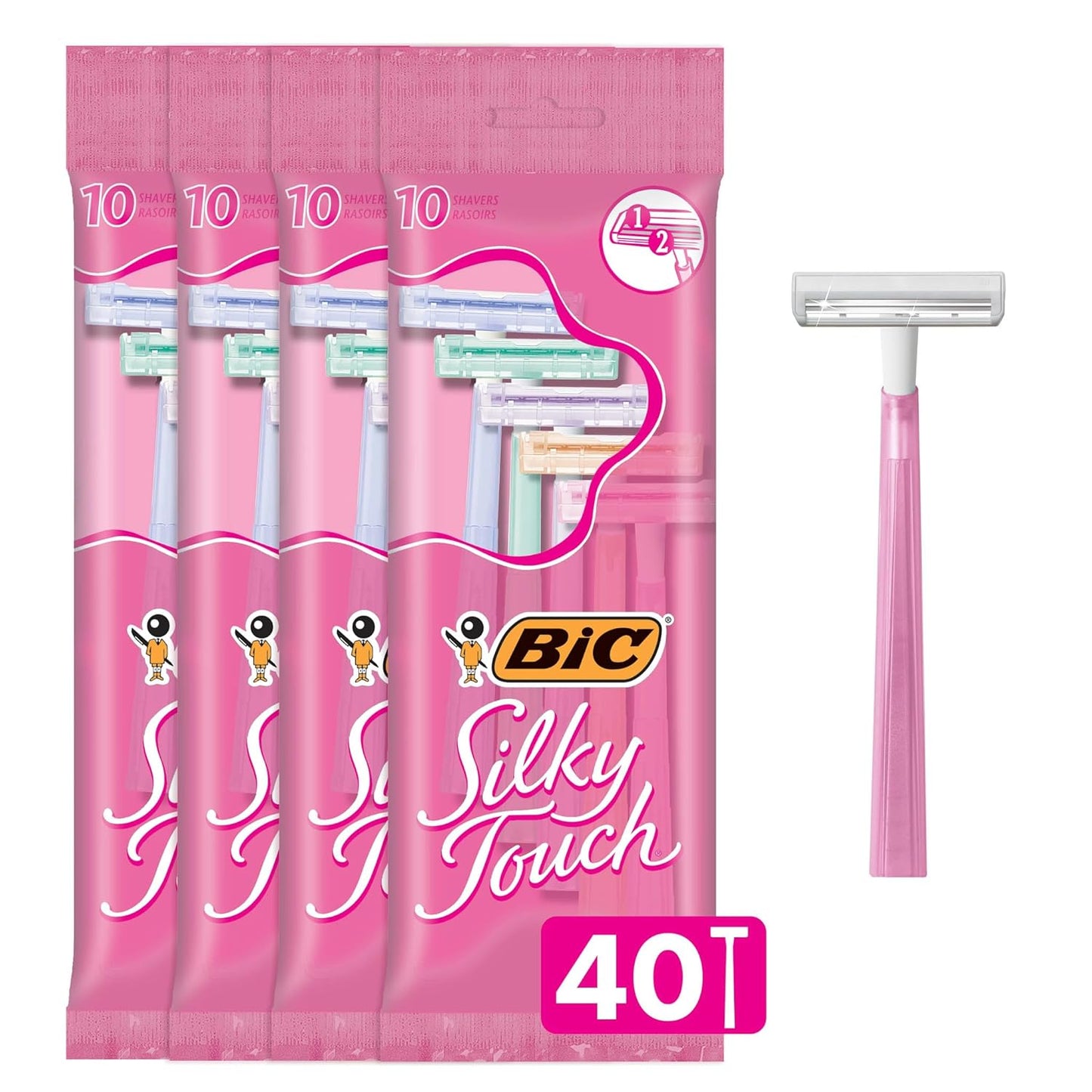 BIC Silky Touch Women's Disposable 2-Blade Razors, Travel Covers, College Dorm Room Essentials and First Apartment Must-Have, 40-Pack