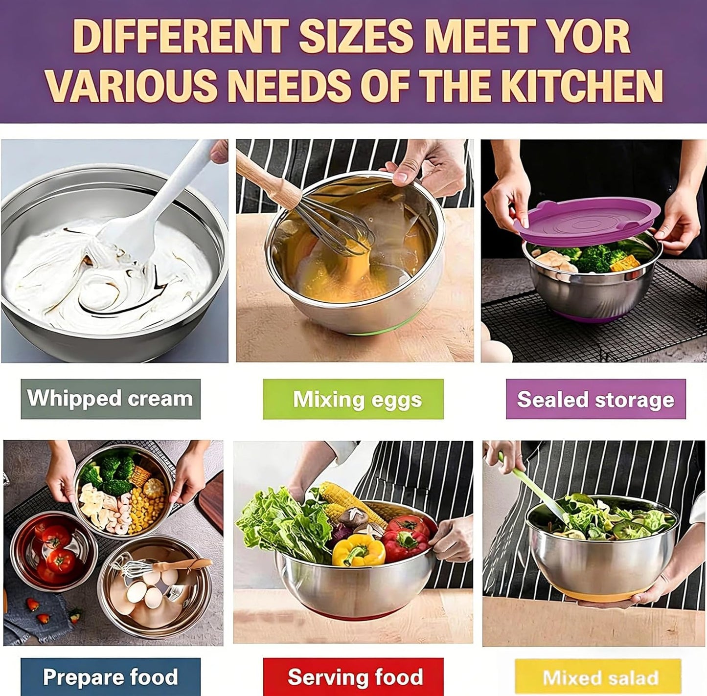 Umite Chef Thickened Heavy-Duty 26pcs Stainless Steel Bowl, Mixing Bowl Set with Lid, Grater Attachment, Colorful Non-Slip Bottom and Kitchen Gadget Set, Sizes 7, 4, 2.5, 2.0, 1.5, 1QT