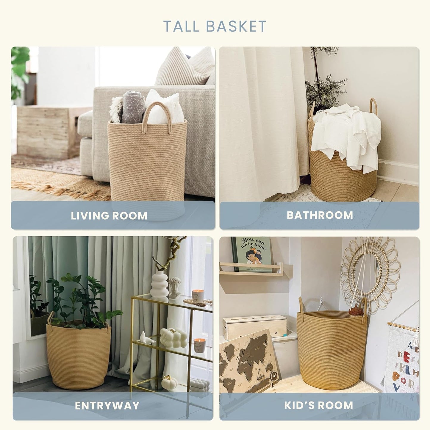OrganiHaus Tall Cotton Rope Laundry Basket & Hamper, Blanket Storage 52L | Full Honey - Tall Cotton Rope Hamper, 52L