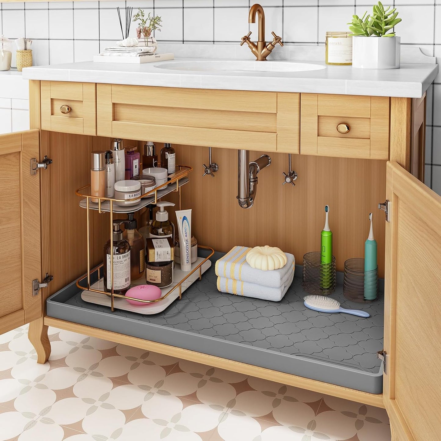 Jin&Bao Waterproof Under Sink Mat 34" x 22", Thick Silicone Mat Cabinet Protector for Kitchen and Bathroom, Shelf Liner, Home Organizer and Storage, Multipurpose Tray for Gadgets and Essentials