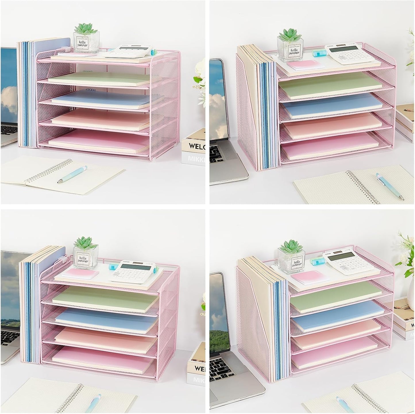 OPNICE Desk Organizer, 5-Tier Paper Organizer Letter Tray with Magazine Holder, Office Desk Accessories & Workspace Organizers, Desktop File Organizer for Office Supplies Storage, Pink