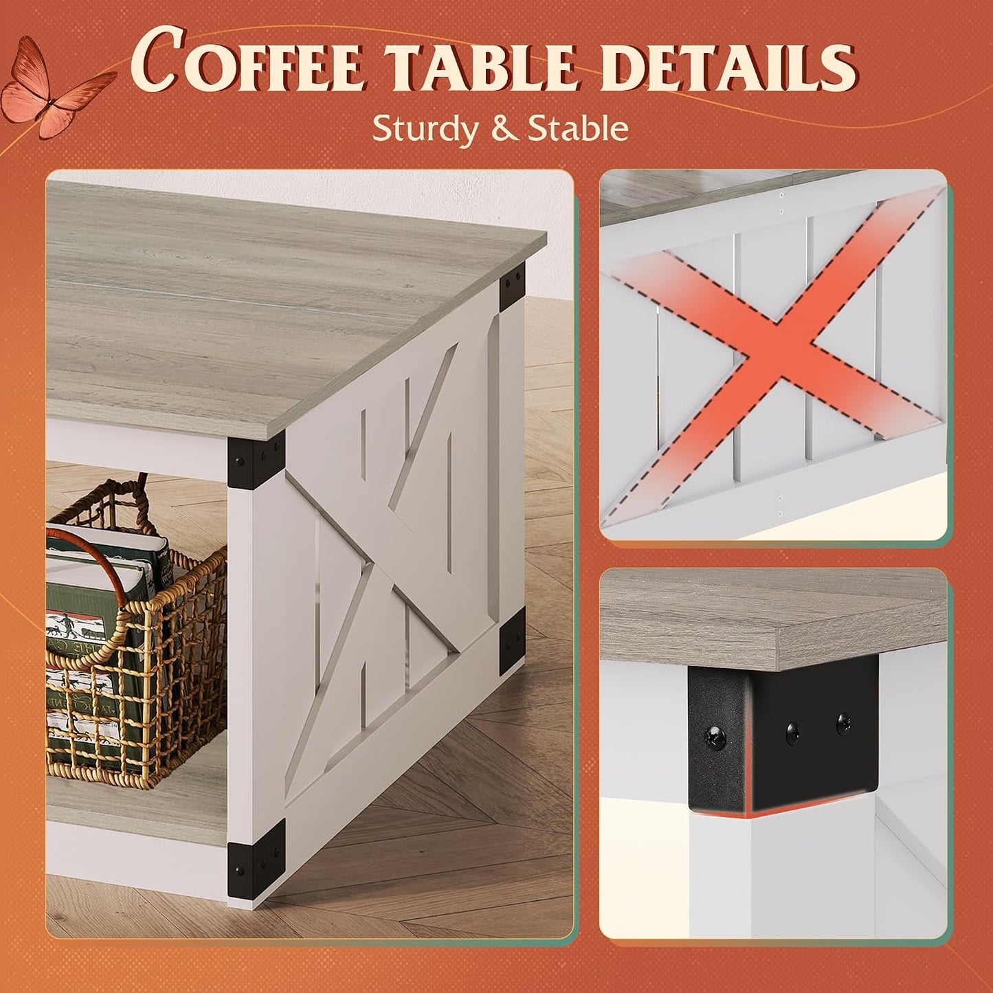 WLIVE Coffee Table, Farmhouse Coffee Table with Open Storage, 31.5" Wood Square Living Room Tables, Rustic Dining Cocktail Center Table for Living Room, White