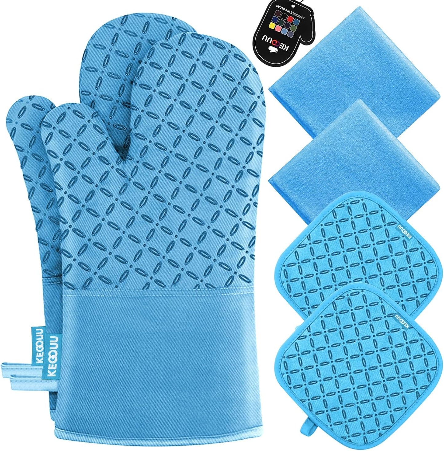 KEGOUU Oven Mitts and Pot Holders 6pcs Set, Kitchen Oven Glove High Heat Resistant 500 Degree Extra Long Oven Mitts and Potholder with Non-Slip Silicone Surface for Cooking (Almond)