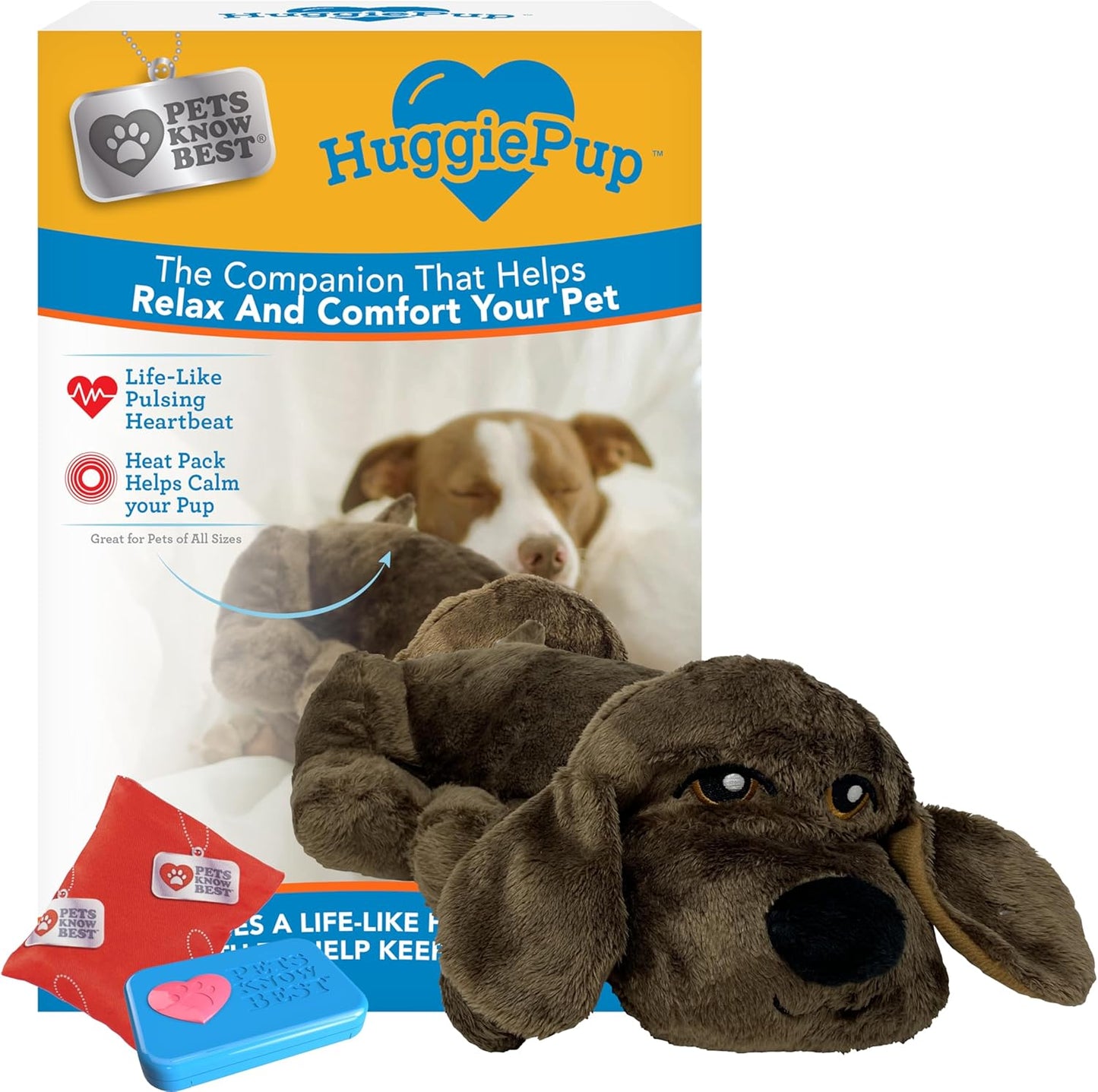 HuggiePup by Pets | Comfort Companion with Heartbeat Sleep Aide for Dogs & Puppies, Heating for Calming Relief Day or Night, Crate & Behavioral Training Essential Breeds | Golden