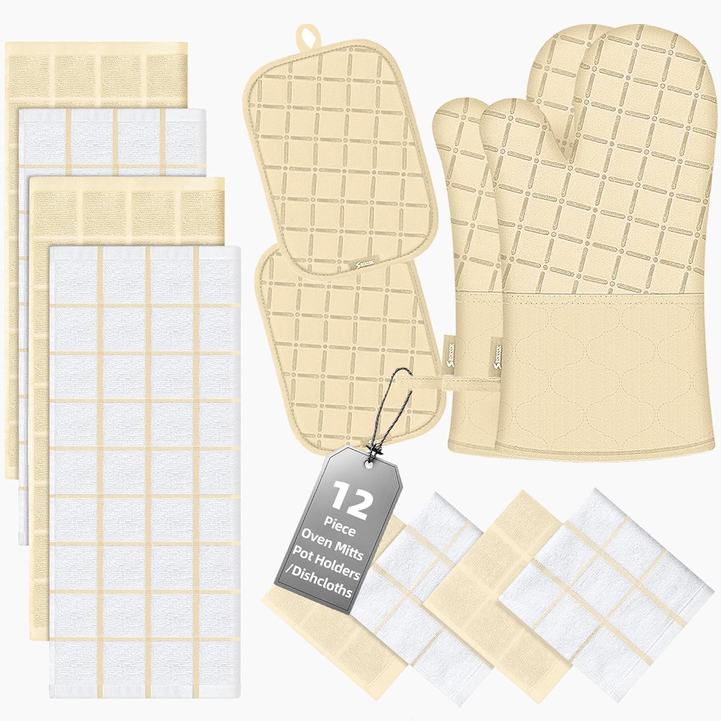 Oven Mitts Pot Holders Sets/Kitchen Towels and Dishcloths, Oven Gloves Kitchen Dish Towels 500 Degree Heat Resistant Potholders with Non-Slip Silicone Surface for Cooking, Grilling, Baking-Beige