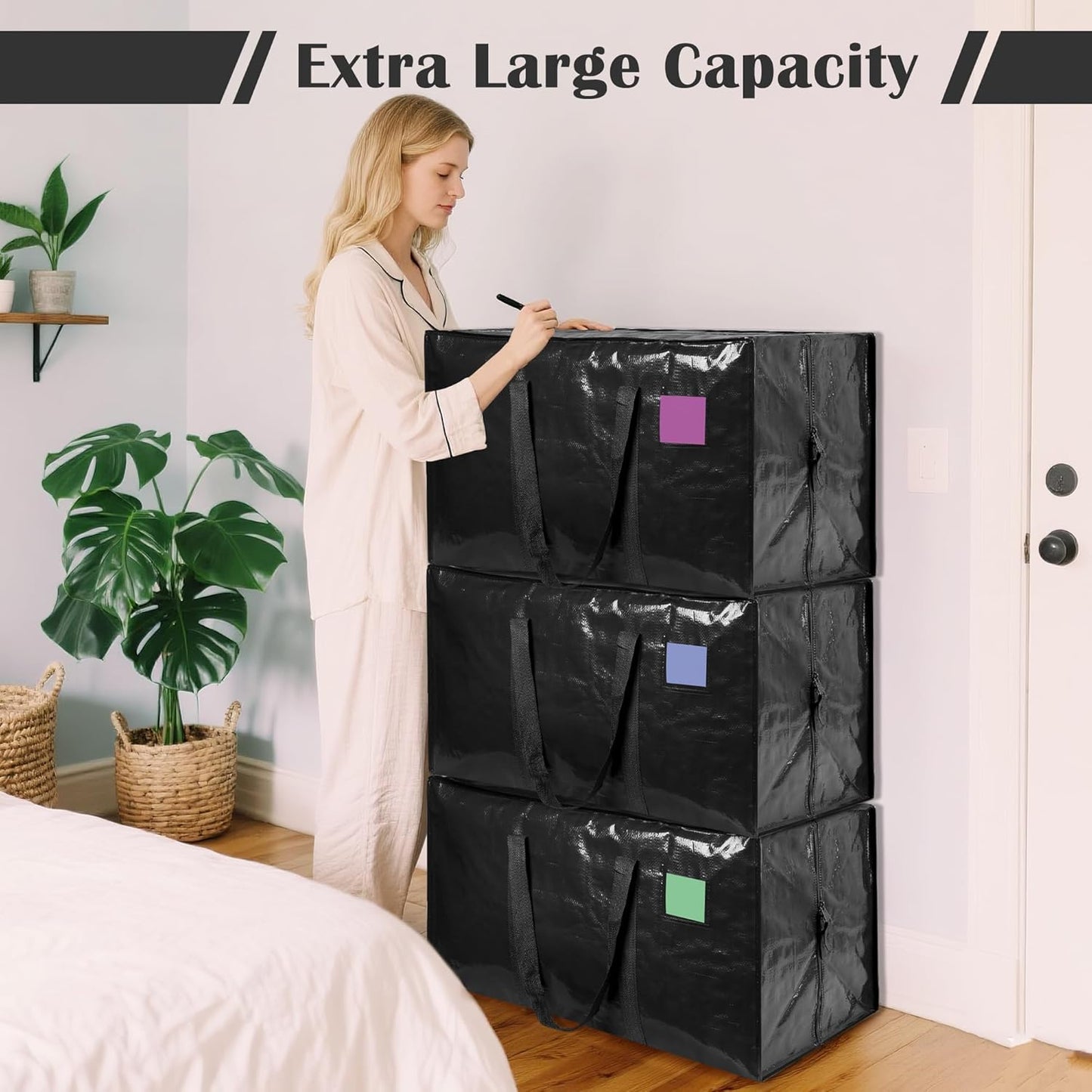 6 Pack Moving Bags with Full-Open Side Zipper, Extra Large 93L Heavy Duty Waterproof Foldable Storage Totes for College Dorm, Moving & Home Organization Black