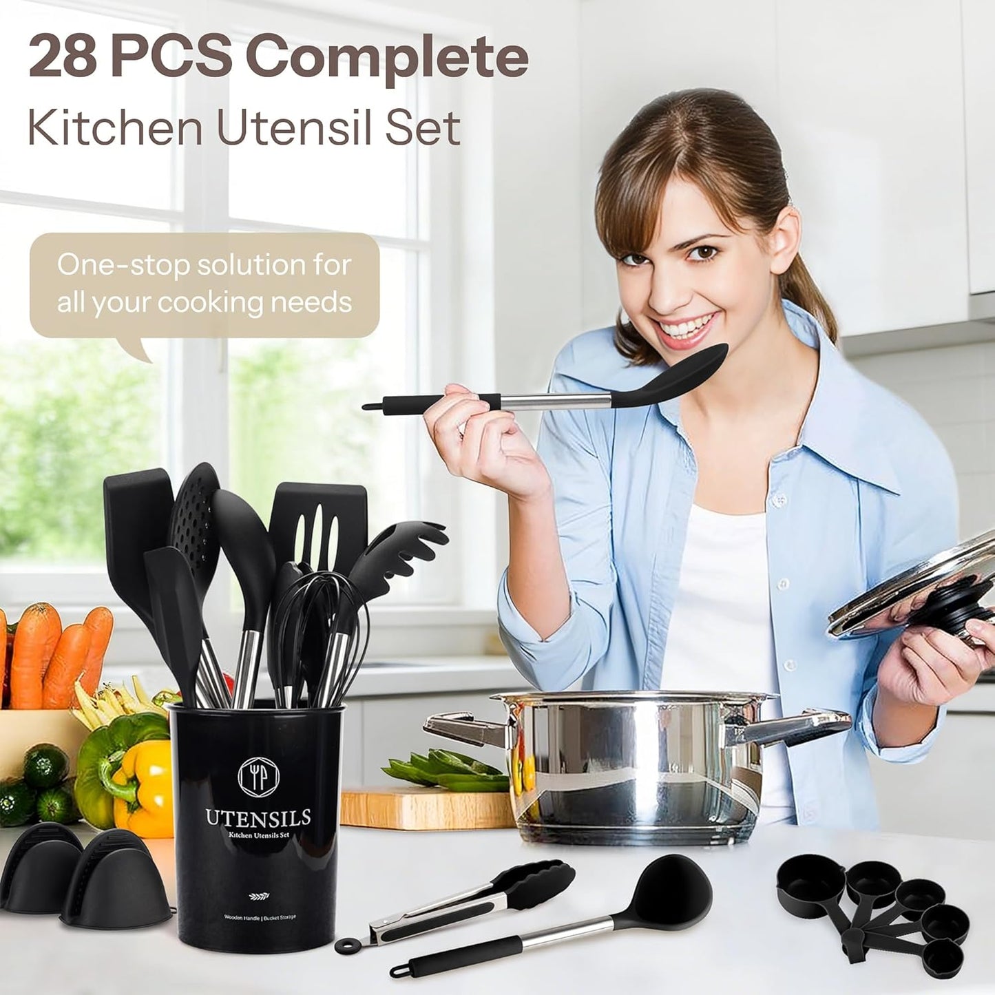 NCUE Silicone Cooking Utensils Set, 28 Pcs Kitchen Utensils Set 446°F Heat Resistant Spatula Set, Food Grade Silicone and Stainless Steel Handle Kitchen Gadgets for Nonstick Cookware BPA Free