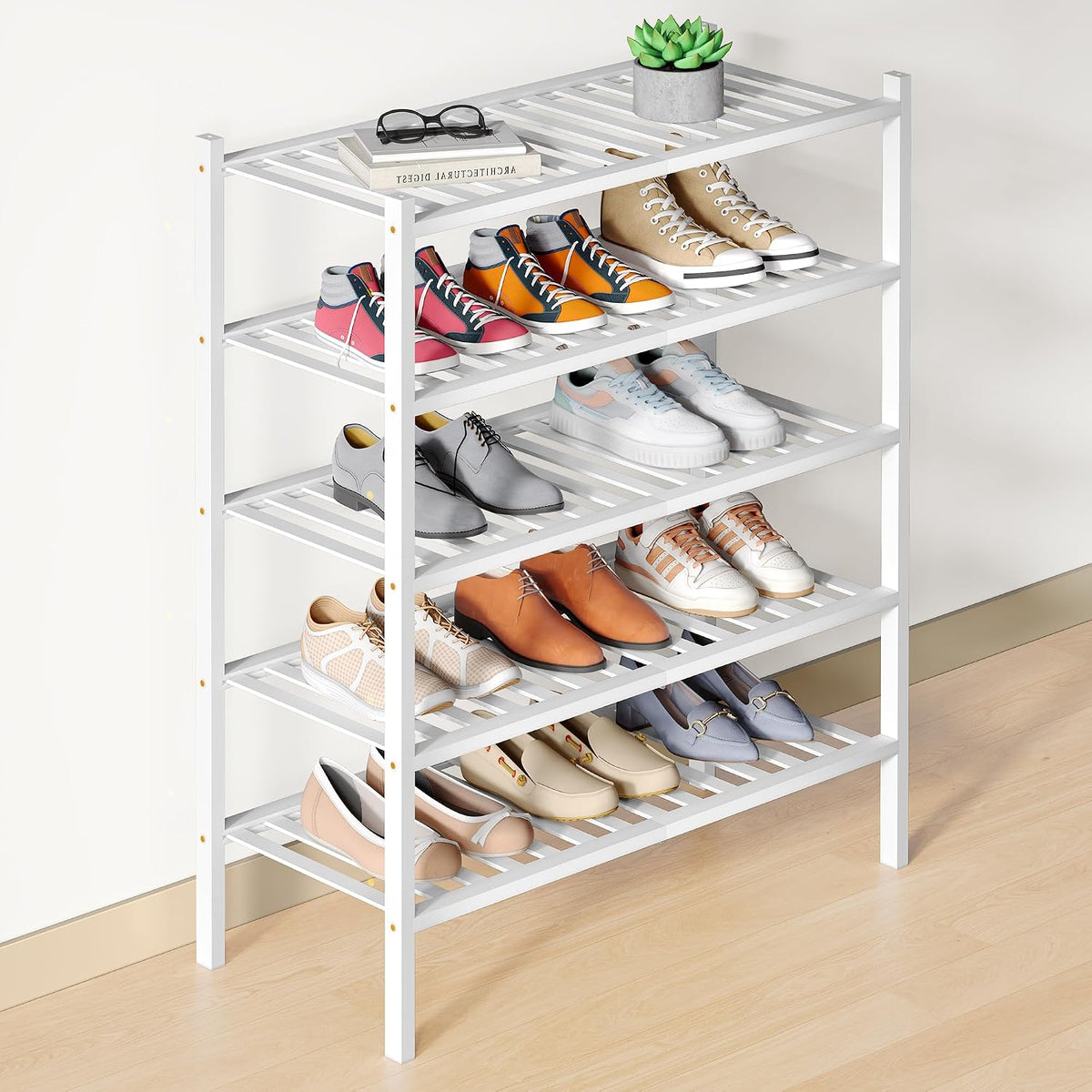 Smiry Bamboo Shoe Rack for Closet, 5 Tier - 26.77" Wide, White