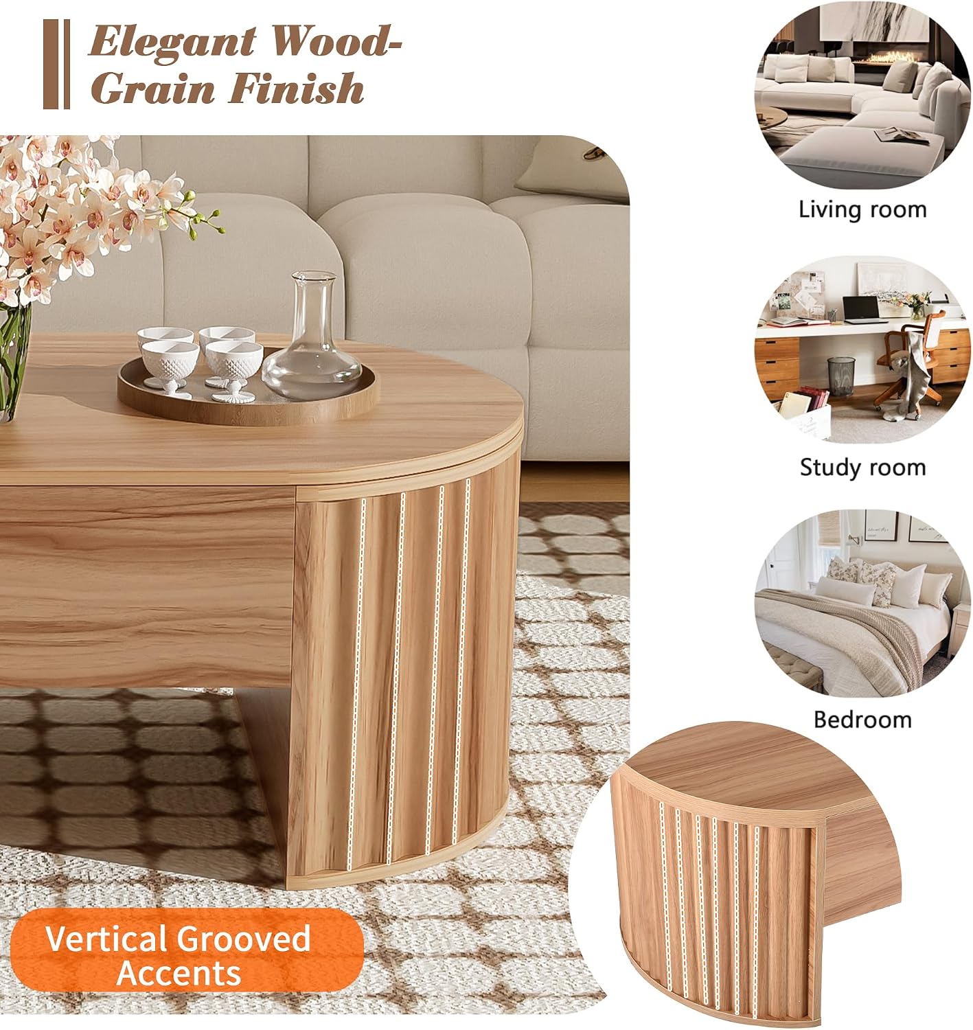 47.2" Lift Top Coffee Table with Hidden Compartment, Modern Oval Fluted Wooden Center Table Cocktail Tea Table with Curved Safety Corners and Adjustable Height for Living Room, Light Brown