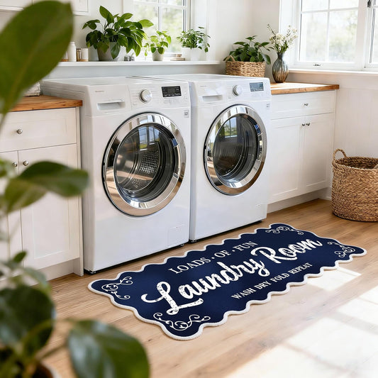 Laundry Runner Rug 20″x47″, Dark Blue Scalloped Non-Slip Washable Laundry Mat with TPE Backing – Soft Cushioned for Laundry Room Organization & Farmhouse Decor, Ideal for Kitchen, Mudroom & Bathroom