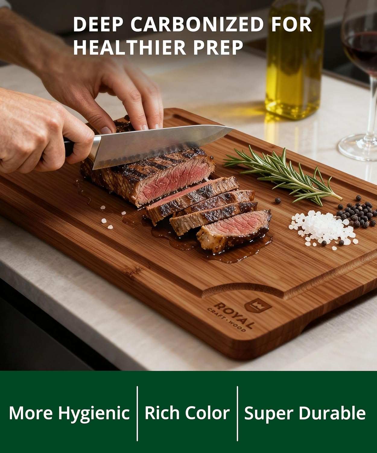 ROYAL CRAFT WOOD Wooden Cutting Boards for Kitchen Meal Prep & Serving - Non Toxic Bamboo Wood Cutting Board Set with Deep Juice Groove Side Handles - Charcuterie & Chopping Butcher Block for Meat