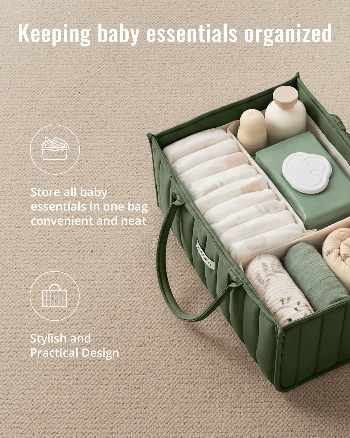 Blissful Diary Baby Diaper Caddy Organizer, Stylish Storage Basket for Newborn Essentials and Diaper Station, Gift for Baby Shower and Registry Must-Have, Deep Green