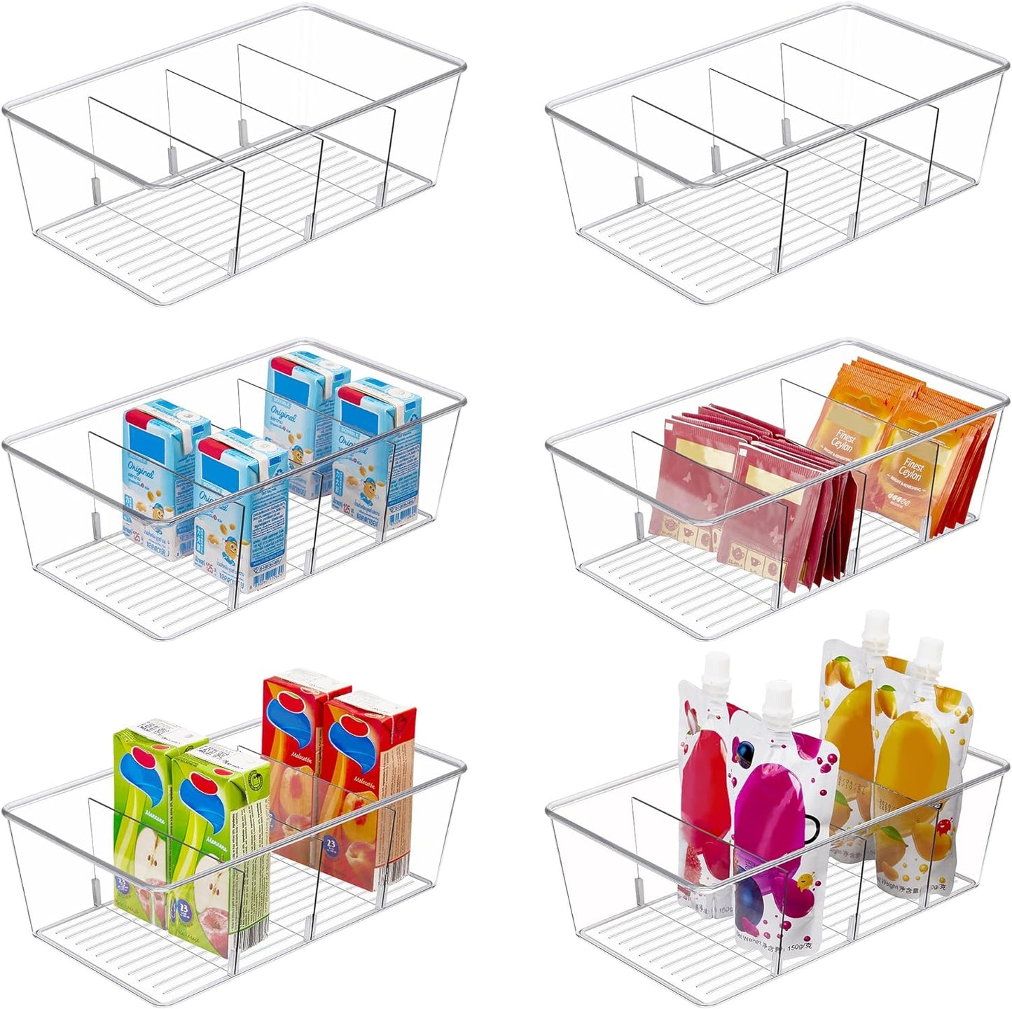 Vtopmart 8 Pack Food Storage Organizer Bins, Clear Plastic Bins for Pantry, Kitchen, Fridge, Cabinet Organization and Storage, 4 Compartment Holder for Packets, Snacks, Pouches, Spice Packets