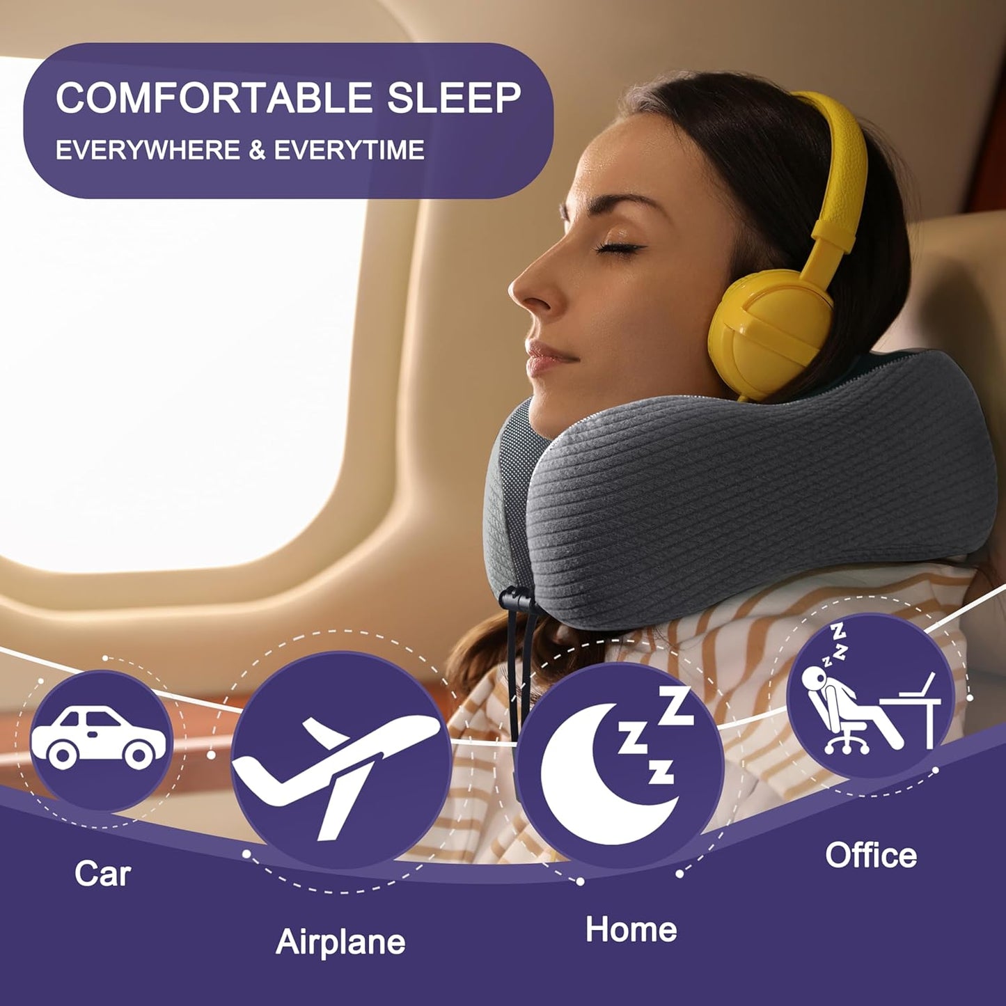 napfun Neck Pillow for Traveling, Upgraded Travel Neck Pillow for Airplane 100% Pure Memory Foam Travel Pillow for Flight Headrest Sleep, Portable Plane Accessories, Dark Gray