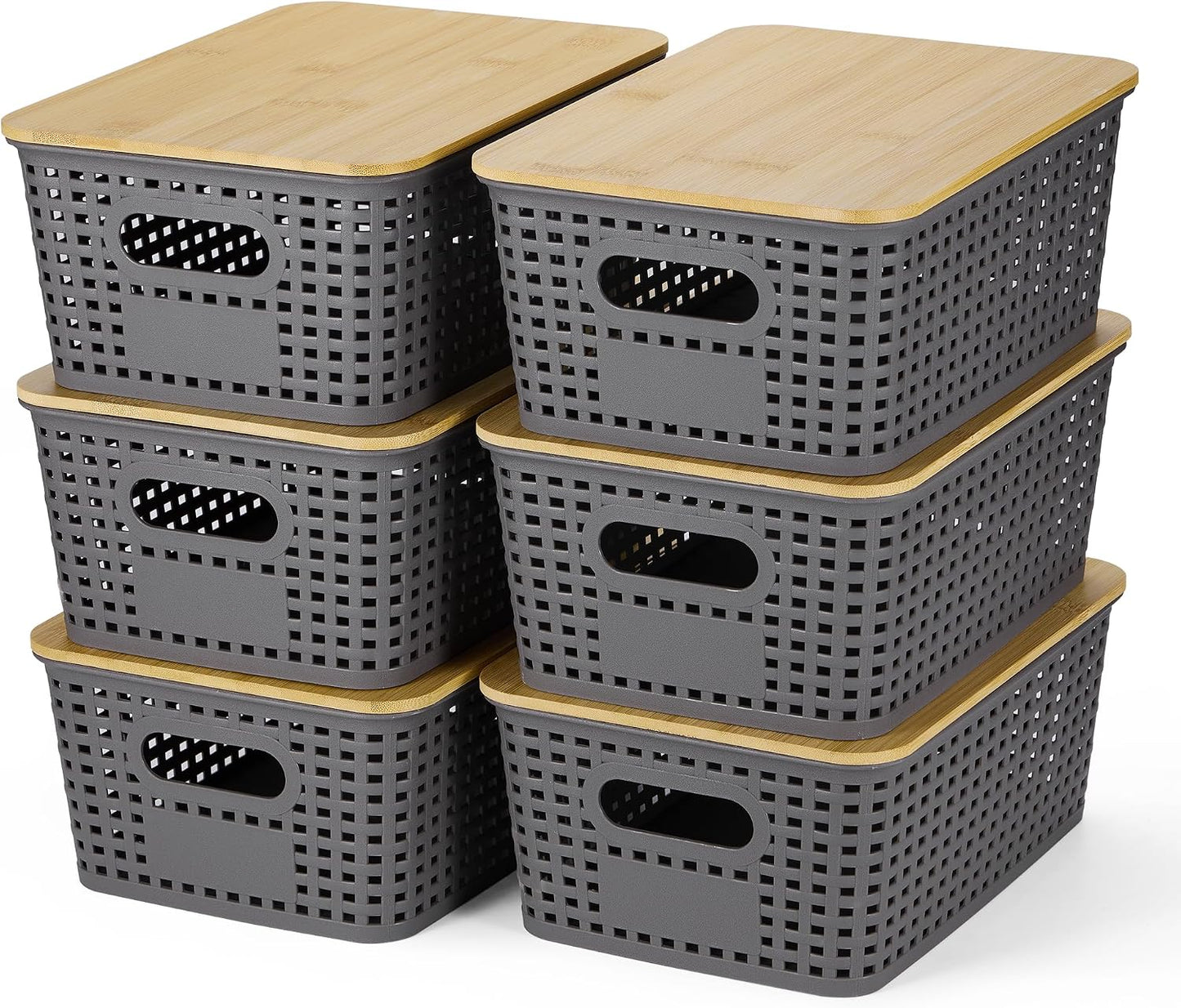 Ohmlove 6 Pack Plastic Storage Baskets with Bamboo Lids for Organization | Stackable Storage bins, Storages Baskets for Organizing Shelves Drawers Desktop Closet Playroom Classroom Office,Black
