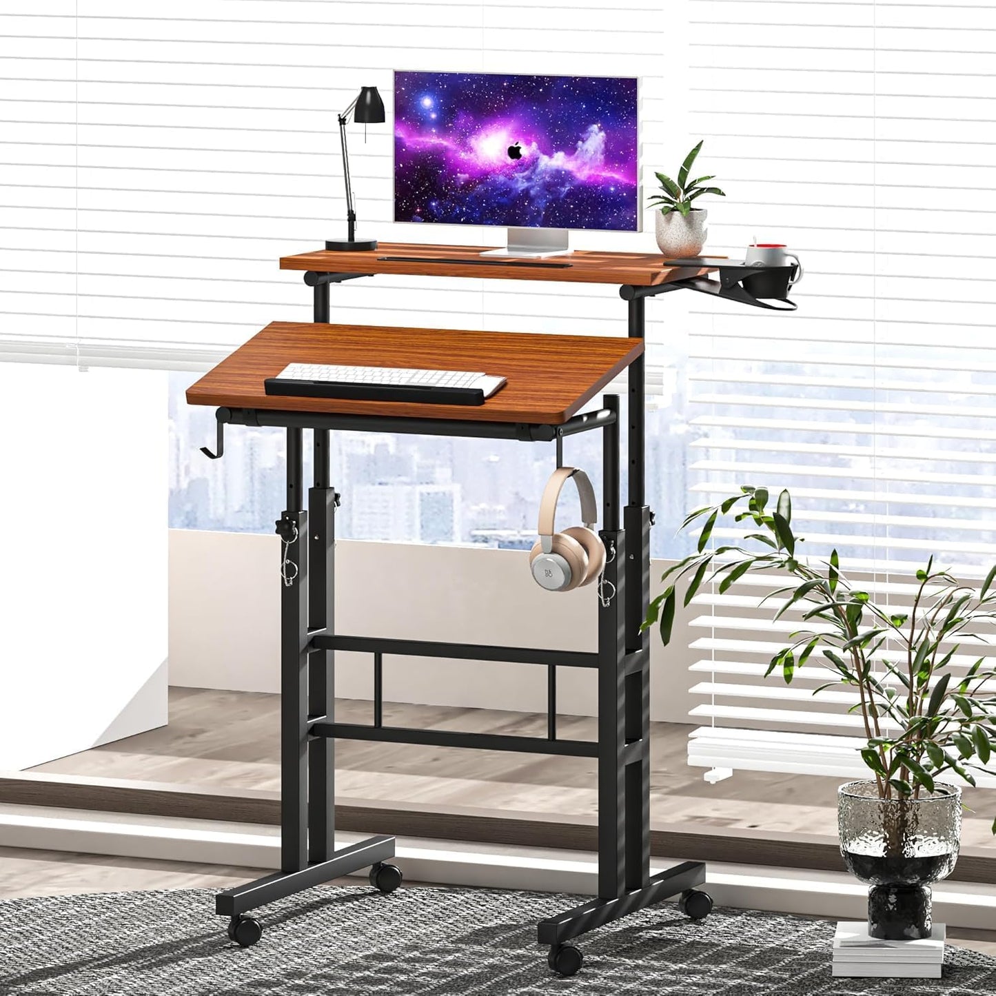 Klvied Stand Up Desk on Wheels, Portable Computer Desk for Home Office,Rolling Desk for Laptop with Removable Cup Holder, Adjustable Laptop Cart for Standing or Sitting,Walnut
