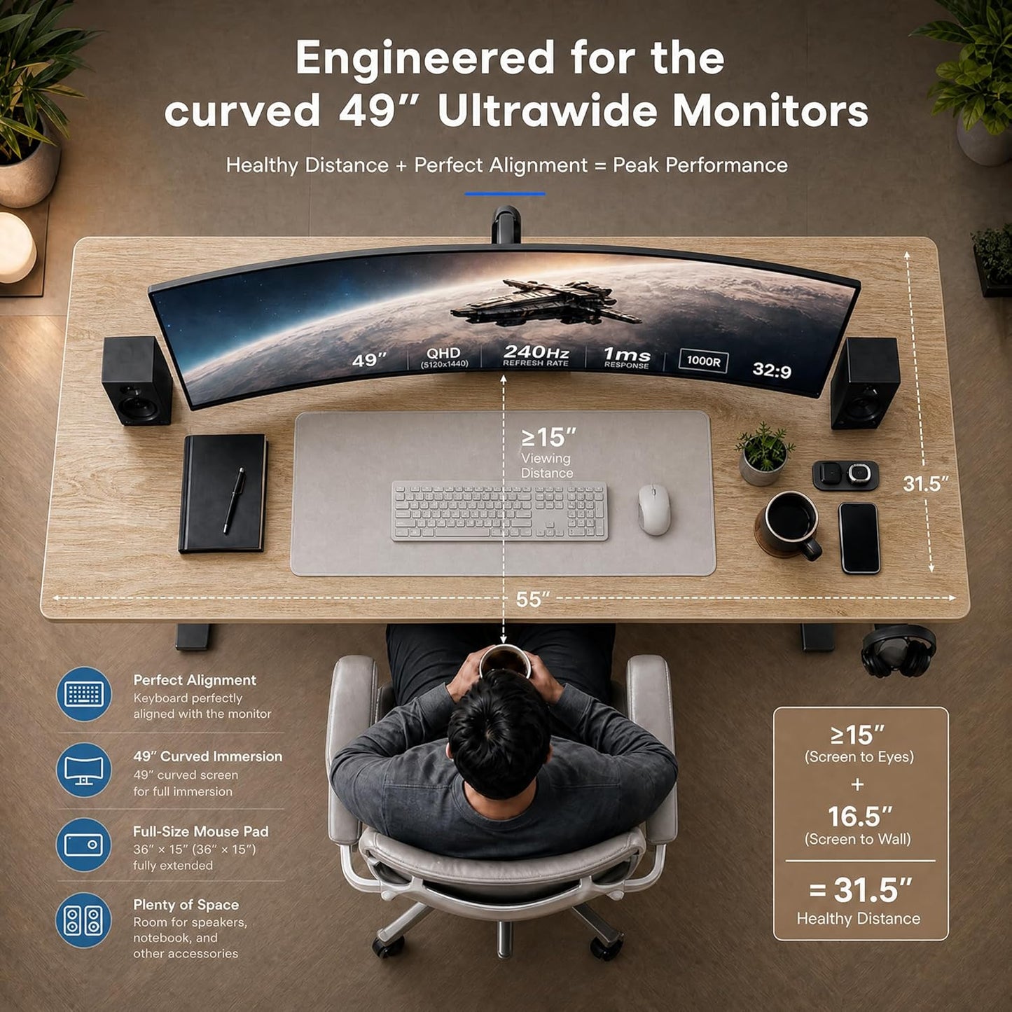 Grandder 55x32 Extra-Deep Electric Standing Desk, Wide Desktop Fits 49" Ultrawide Monitor+Dual Screens, 176 lbs Capacity, 2 Memory Presets, Anti Collision, Computer Desk for Home Office & Gaming, Oak