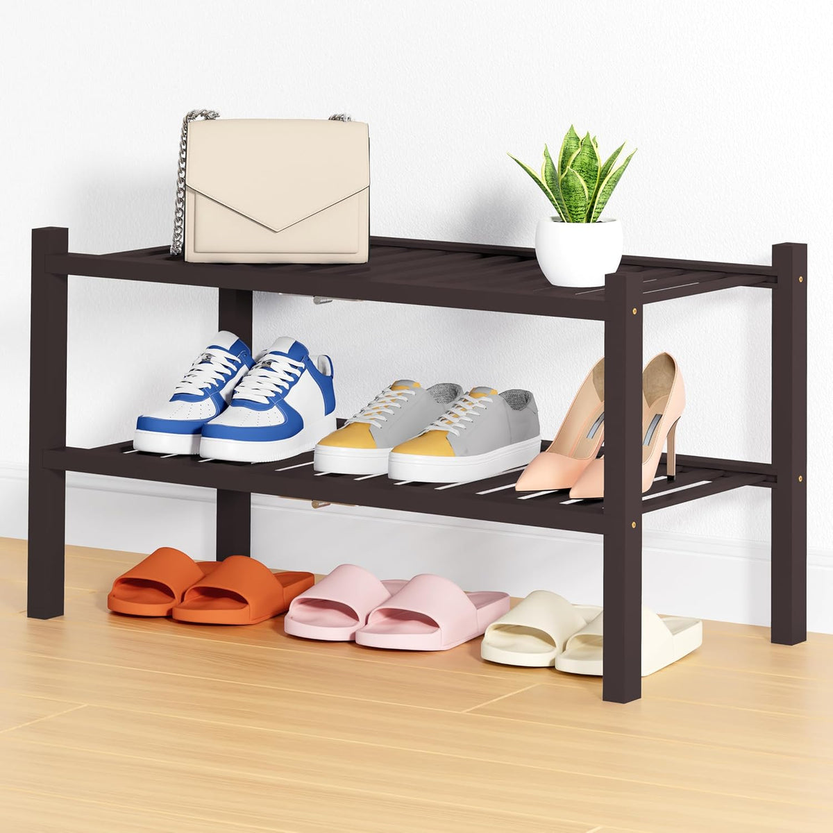 Smiry Bamboo Shoe Rack, 14 Vertical Slats, 2 Tier - 26.8" Wide, Brown