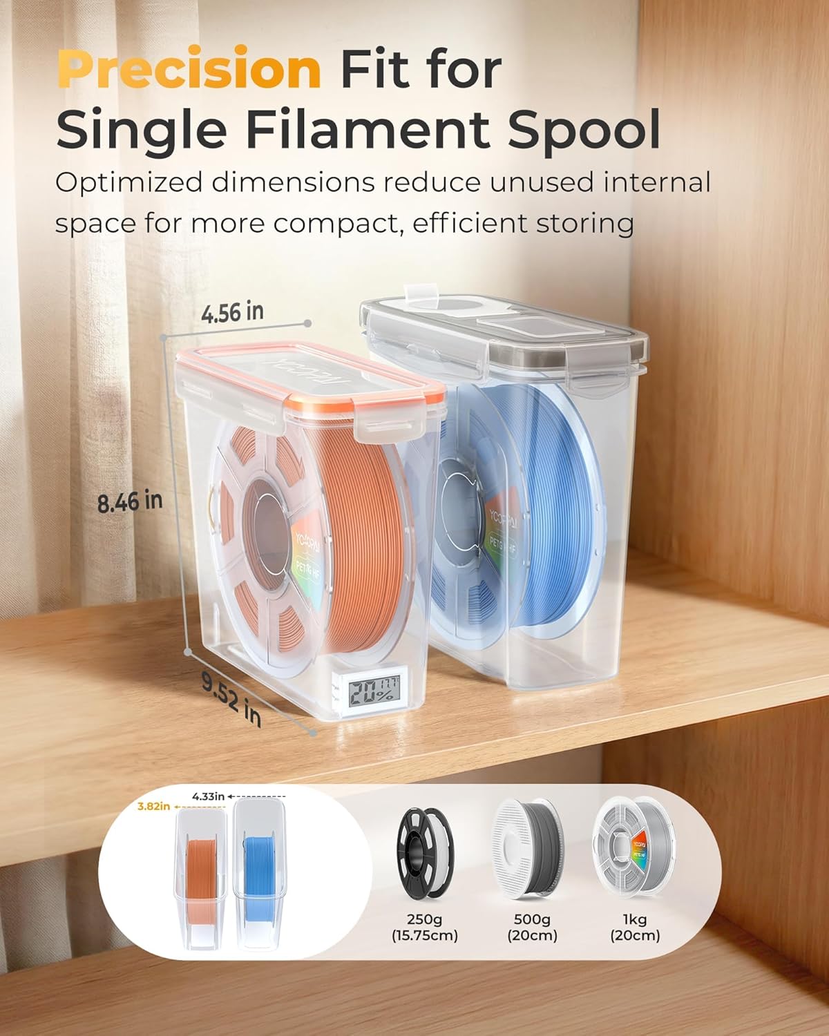 YOOPAI Pro Filament Storage Box with Temperature & Humidity Monitor, Airtight Filament Storage Container with Desiccant for 1KG 1.75mm PLA ABS PETG TPU, Single Spool 3D Printer Filament Storage Box(6)