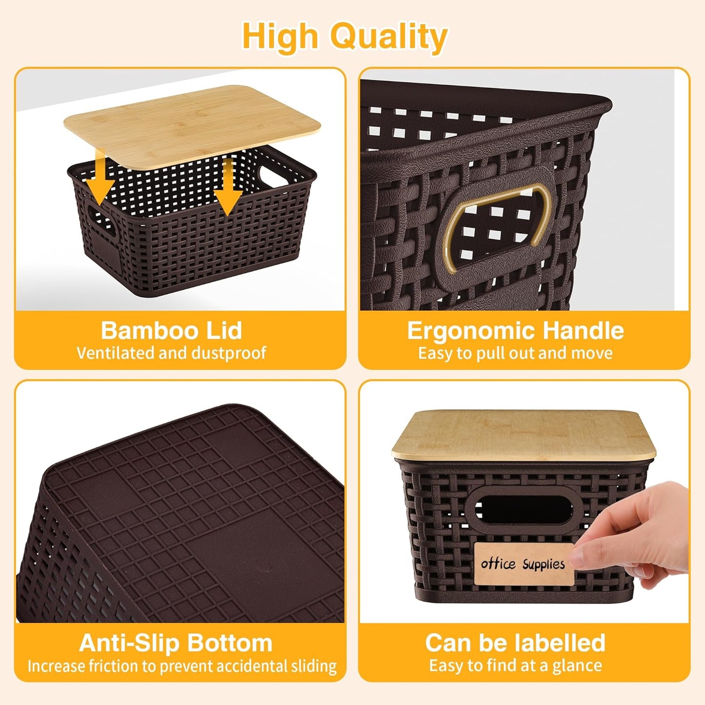 6 Pack Plastic Storage Baskets,Brown bamboo lid storage Box