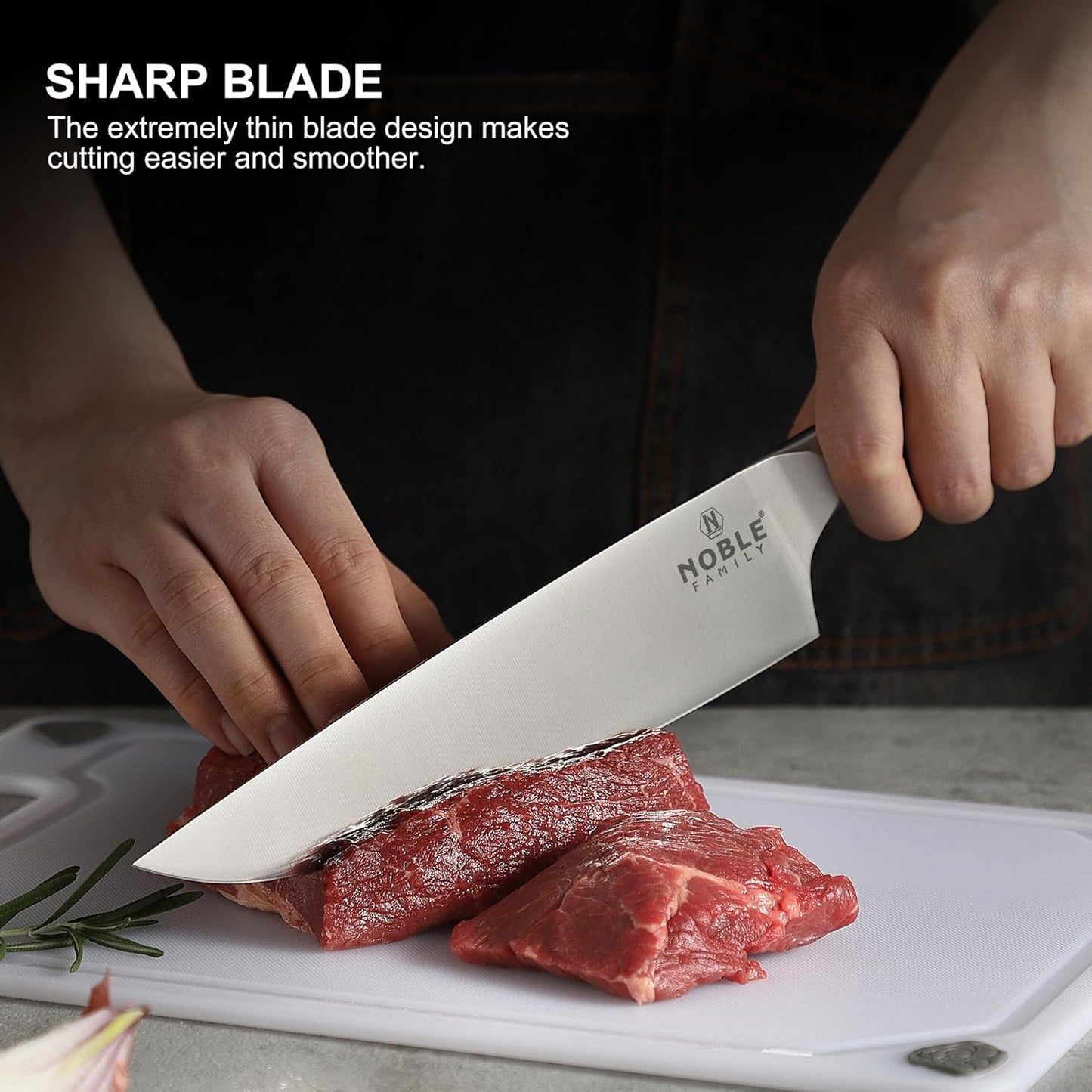 Knife Set with Block, N NOBLE FAMILY 16Pcs Kitchen Knives Drawer Organizer Set with Sharpener, Cutting Board, Anti-Slip Chef Knives Set with 6Pcs Steak Knives, Black