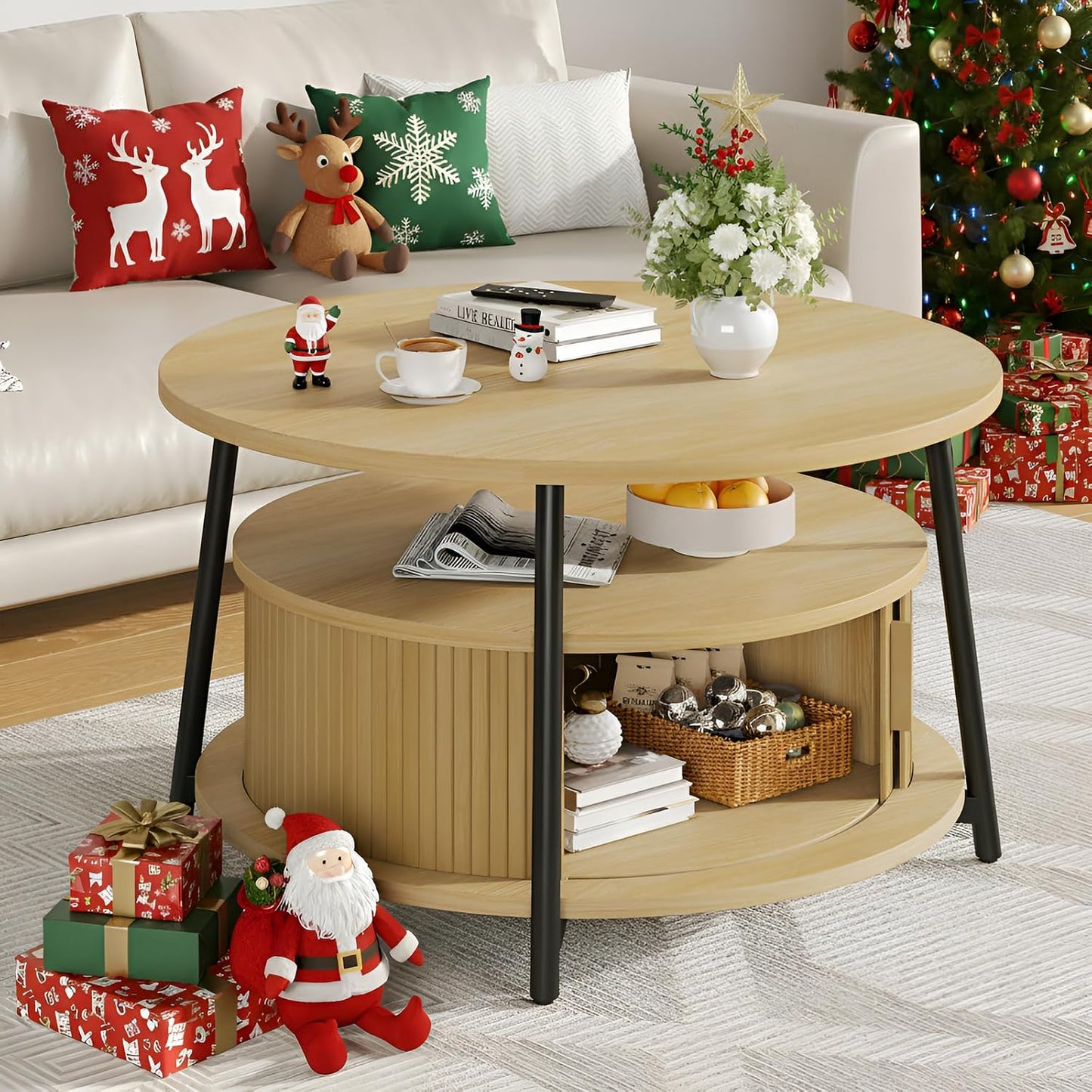 ONBRILL 31.5" Round Coffee Table with Storage and 2 Tiers, Oak | Mid-Century Modern Center Table with 2 Sliding Doors and Adjustable Footpad for Living Room